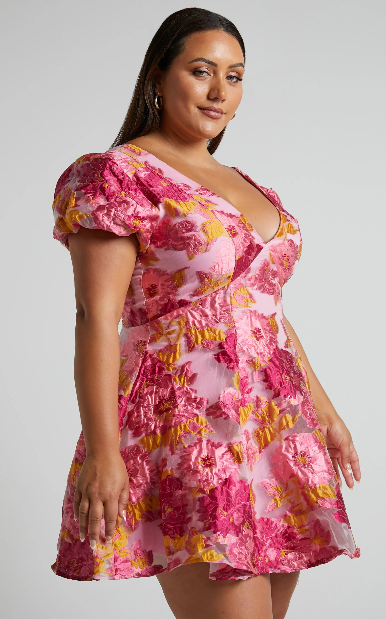 Brailey Jacquard Mini Dress - Puff Sleeve Dress in Pink - Image 5