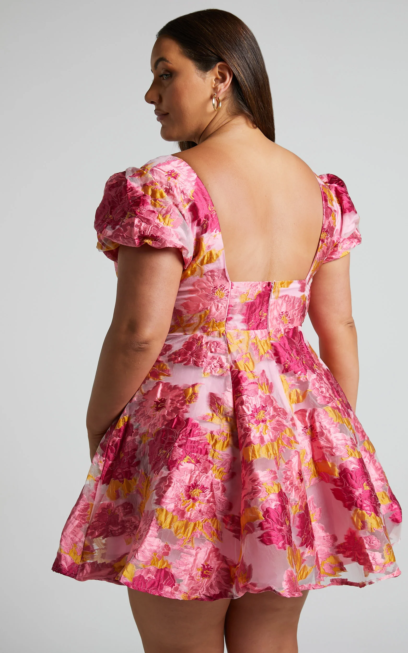 Brailey Jacquard Mini Dress - Puff Sleeve Dress in Pink - Image 6