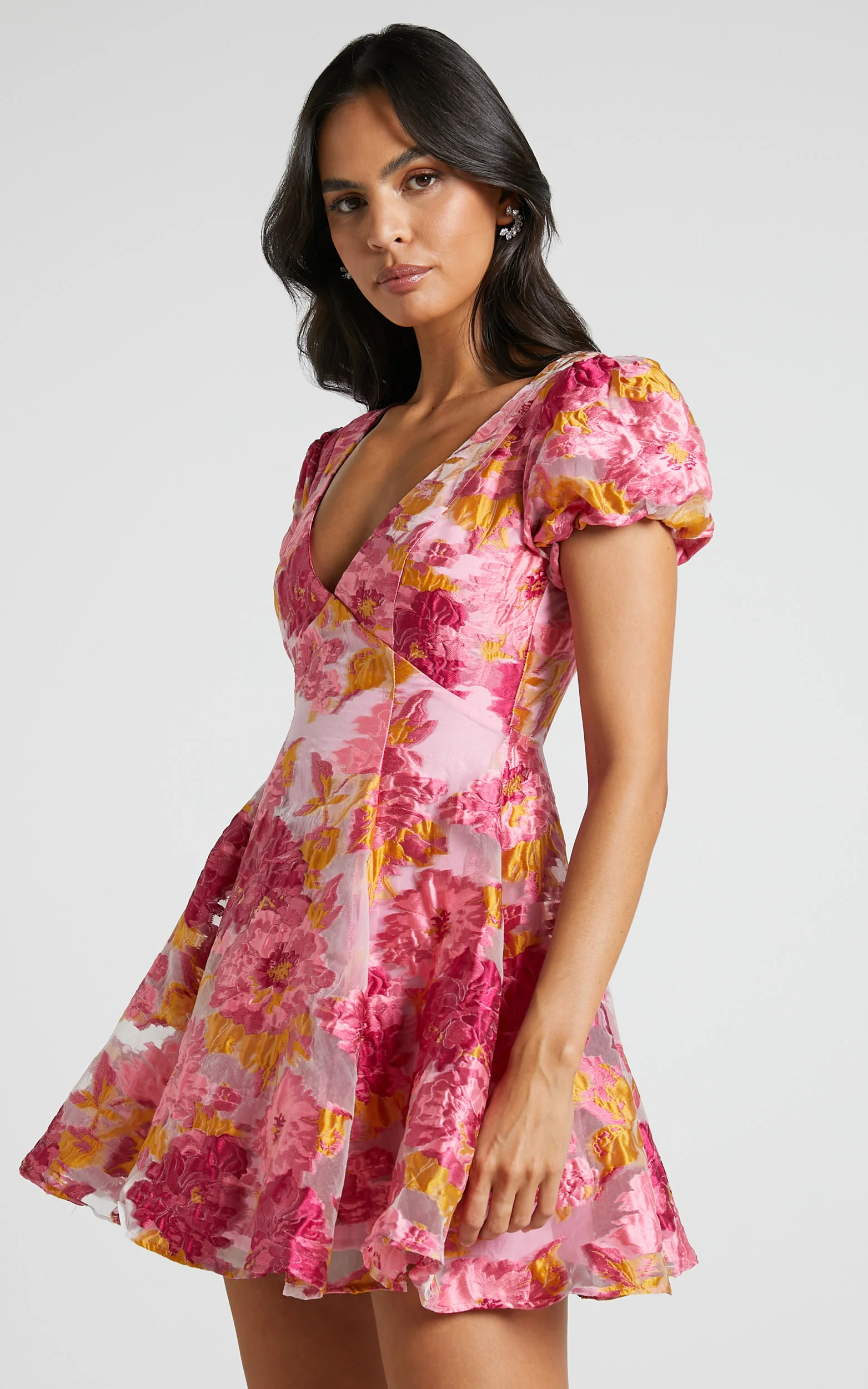 Brailey Jacquard Mini Dress - Puff Sleeve Dress in Pink - Image 7