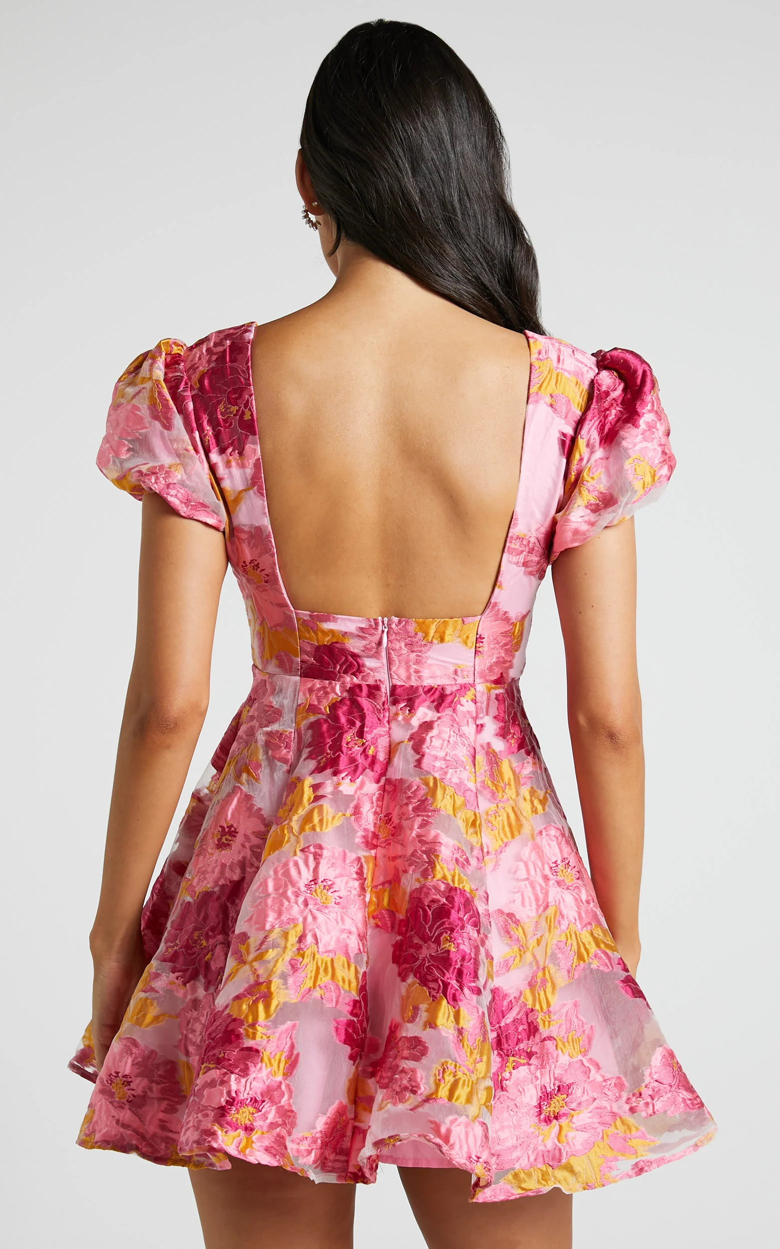 Brailey Jacquard Mini Dress - Puff Sleeve Dress in Pink - Image 8