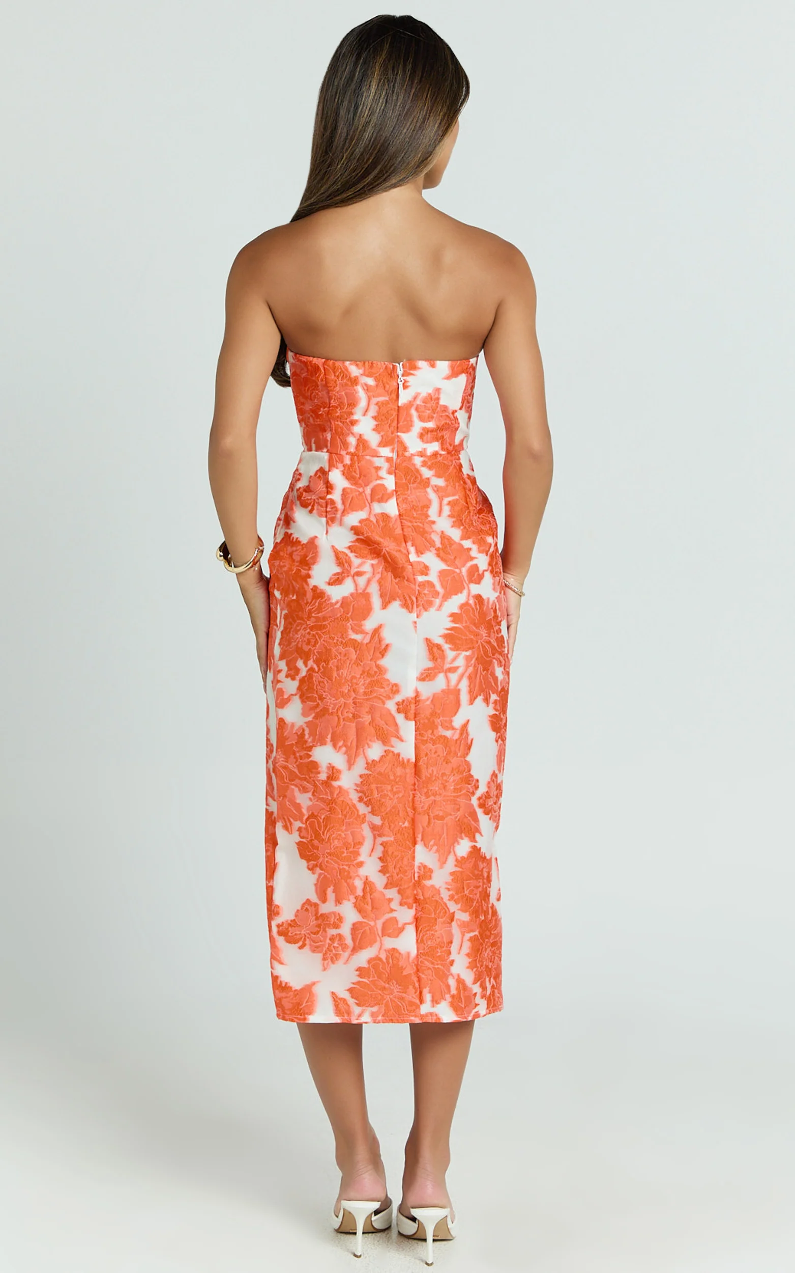 Brailey Midi Dress - Thigh Split Strapless Dress in Orange & White Jacquard - Image 9