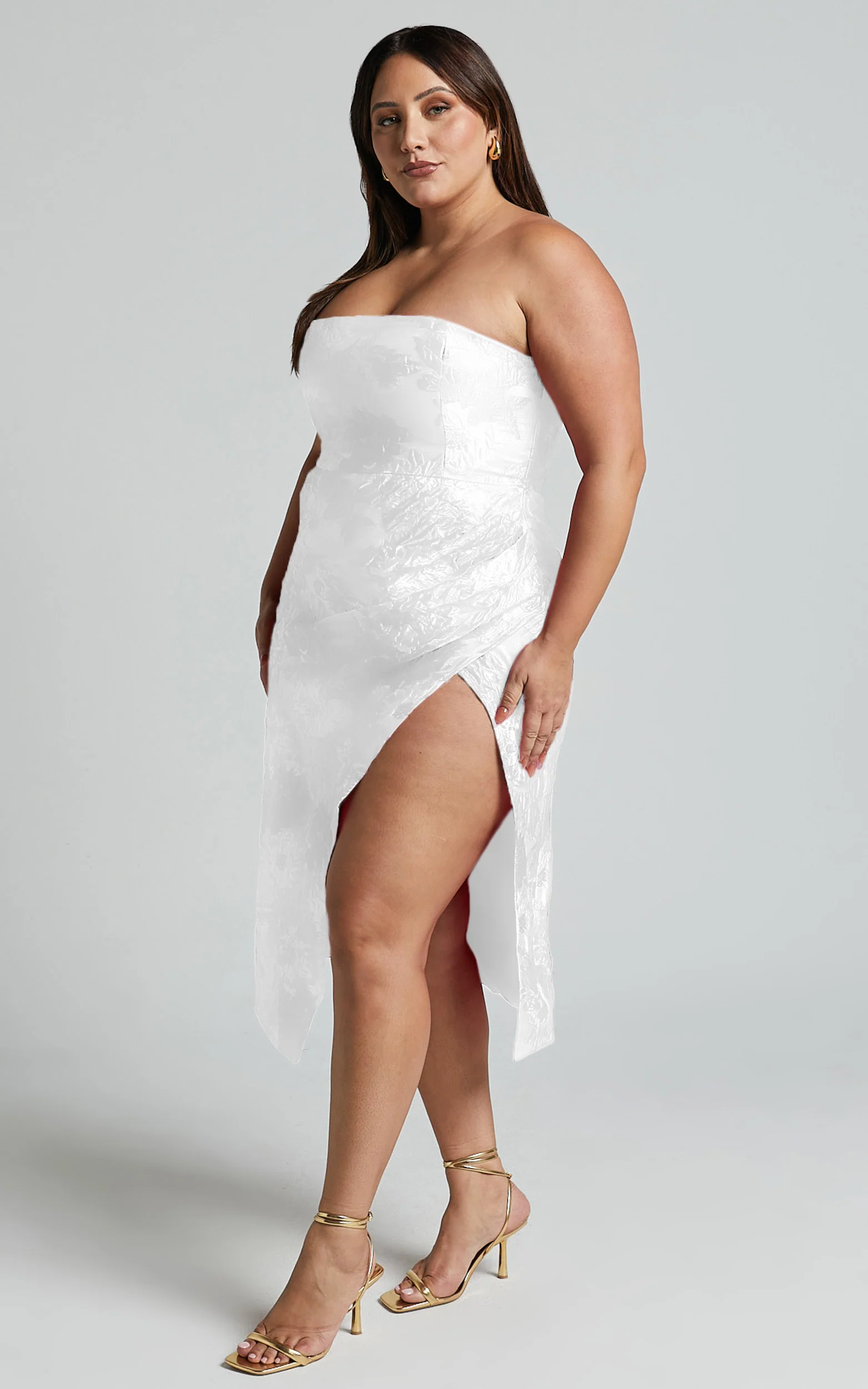 Brailey Midi Dress - Thigh Split Strapless Dress in White Jacquard - Image 5