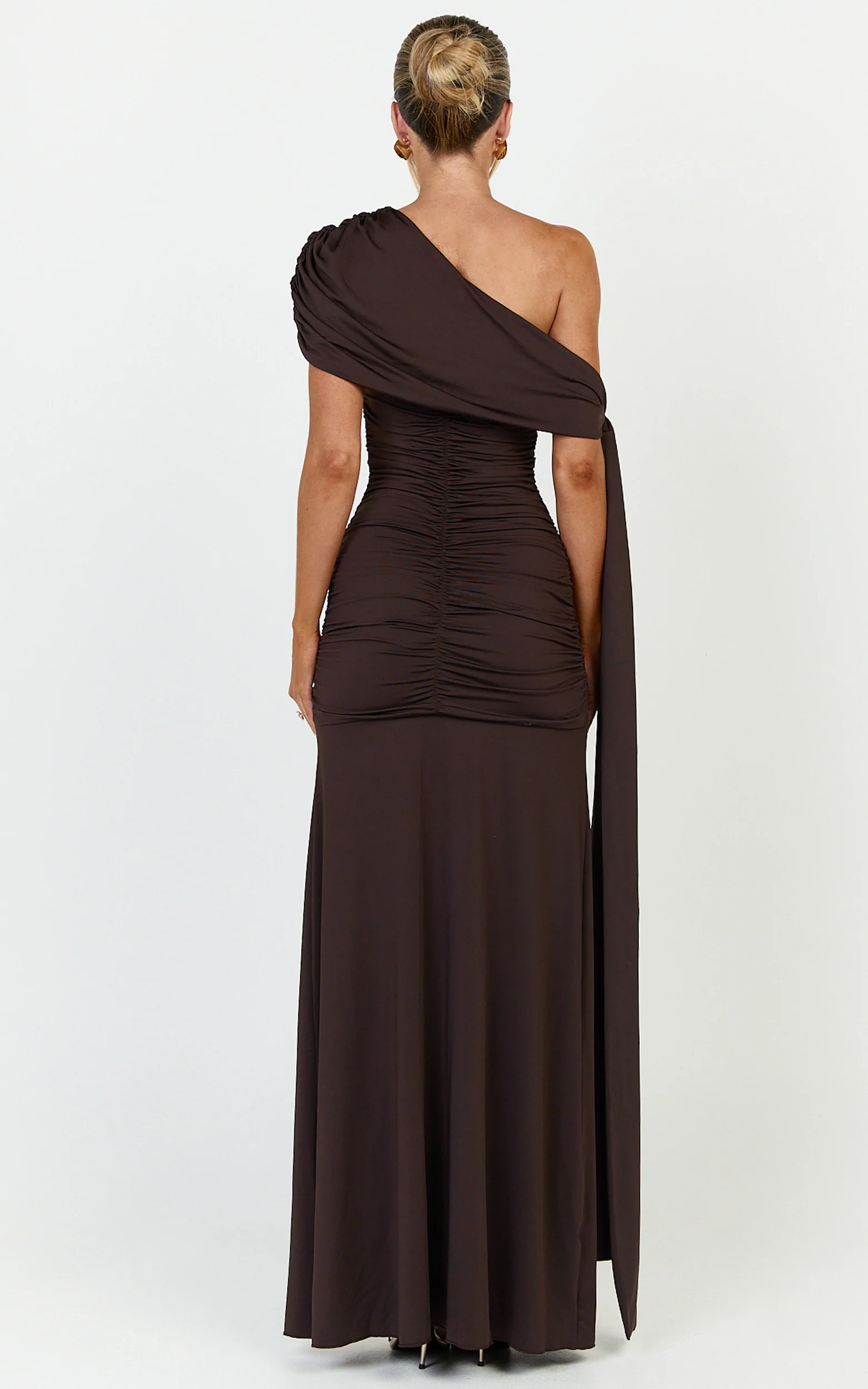 Bree Maxi Dress - Cape Tie Off Shoulder Fit And Flare Dress in Chocolate - Image 6