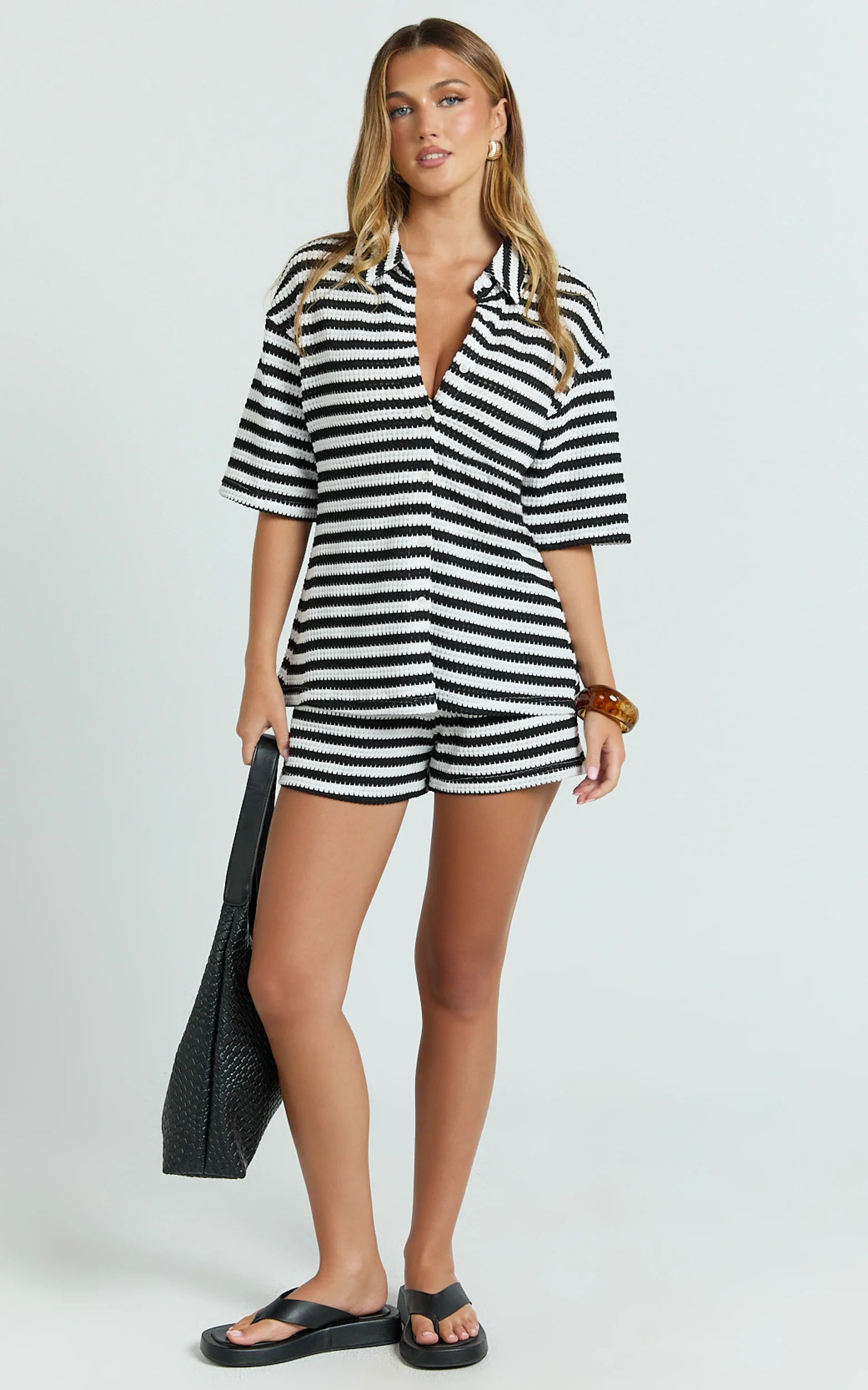 Brenda Short - Textured Stripe Short in White/Black Stripe - Image 3