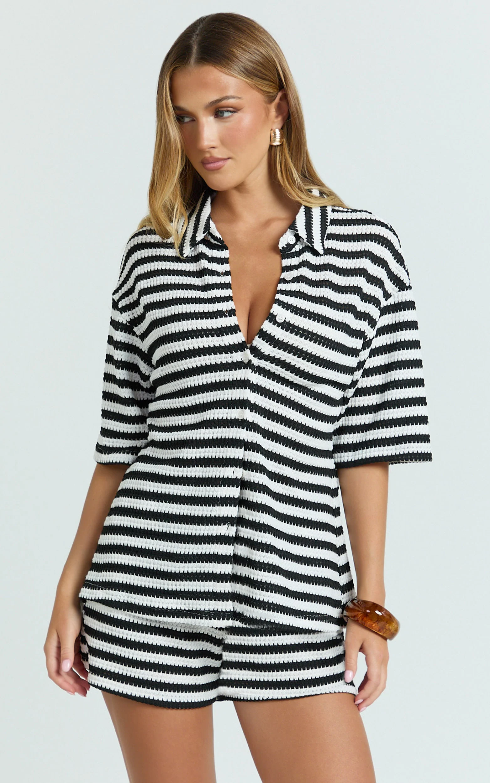 Brenda Top - Textured Stripe Drop Shoulder Button Down Shirt in White/Black - Image 3