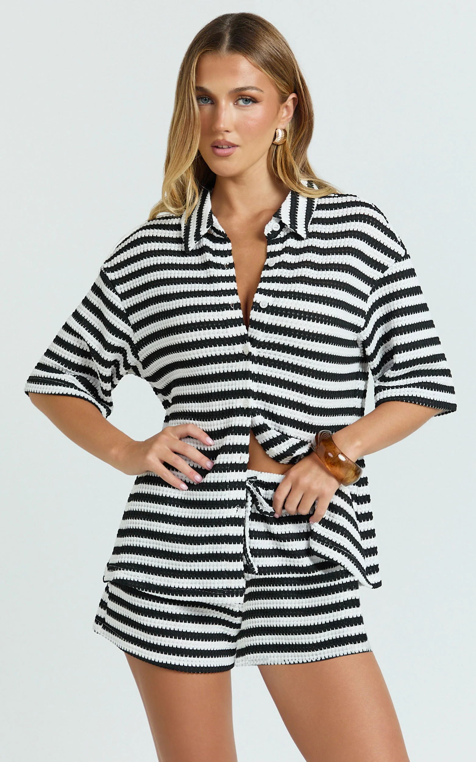 Brenda Top - Textured Stripe Drop Shoulder Button Down Shirt in White/Black - Image 4