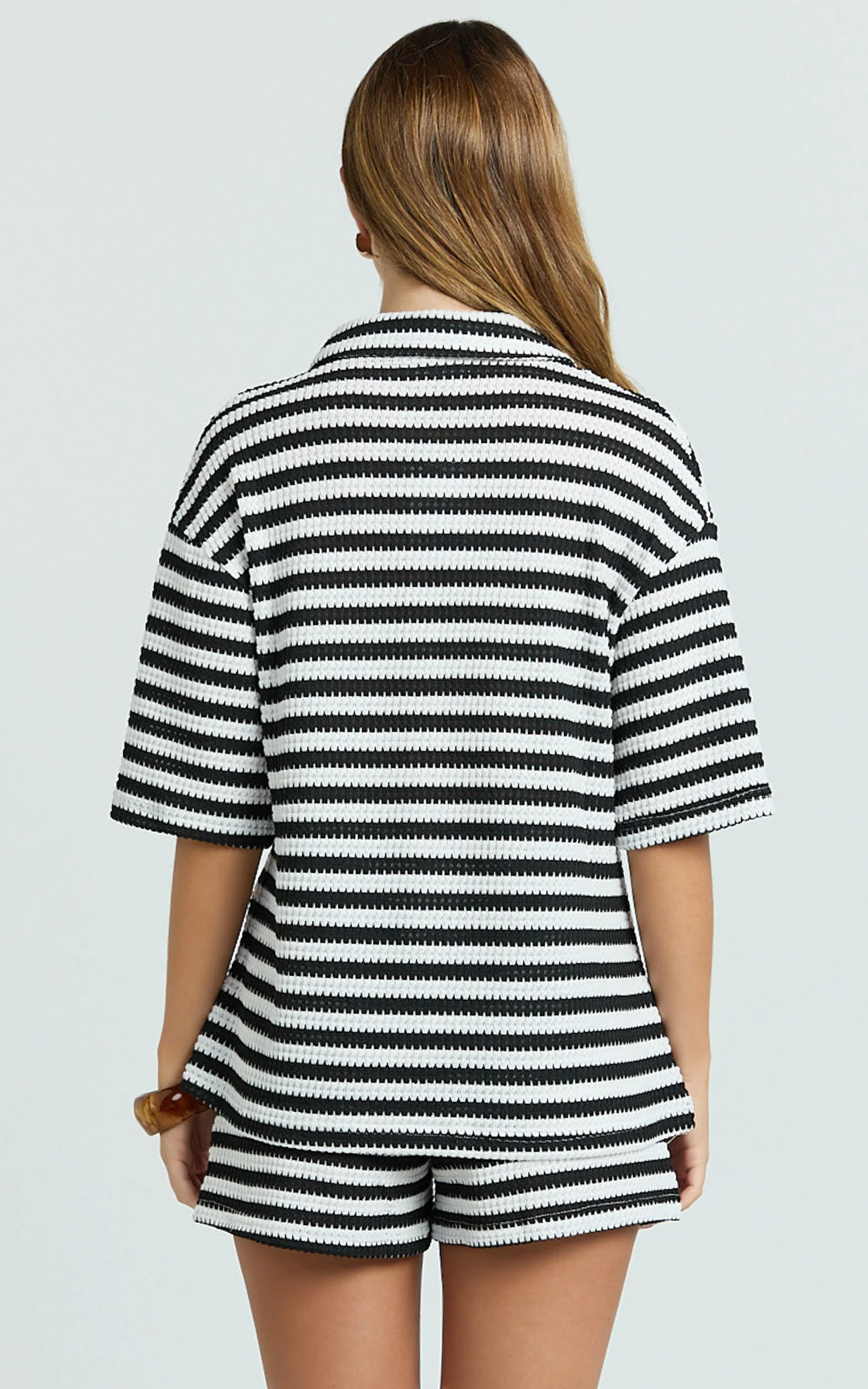 Brenda Top - Textured Stripe Drop Shoulder Button Down Shirt in White/Black - Image 5