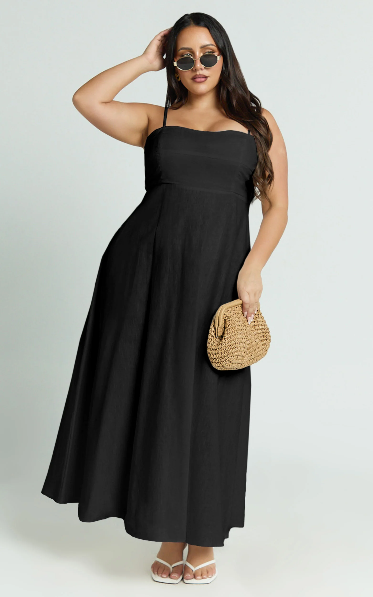 Brette Midi Dress - Linen Straight Neck Strappy Fit And Flare Dress in Black - Image 2
