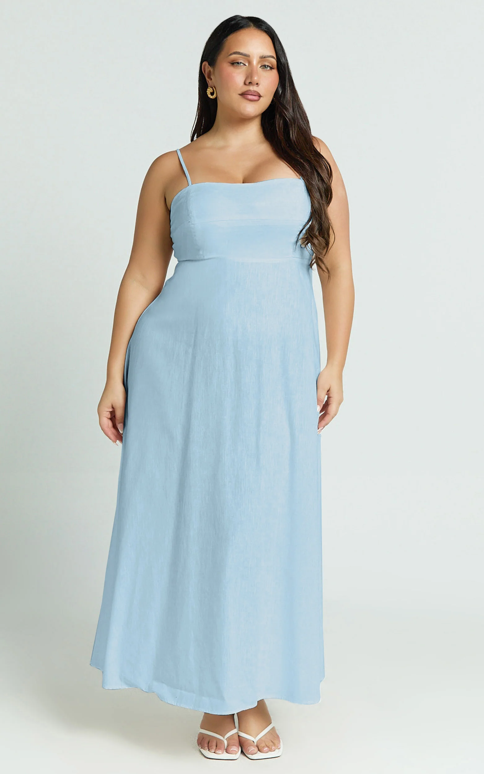 Brette Midi Dress - Linen Straight Neck Strappy Fit And Flare Dress in Blue - Image 4