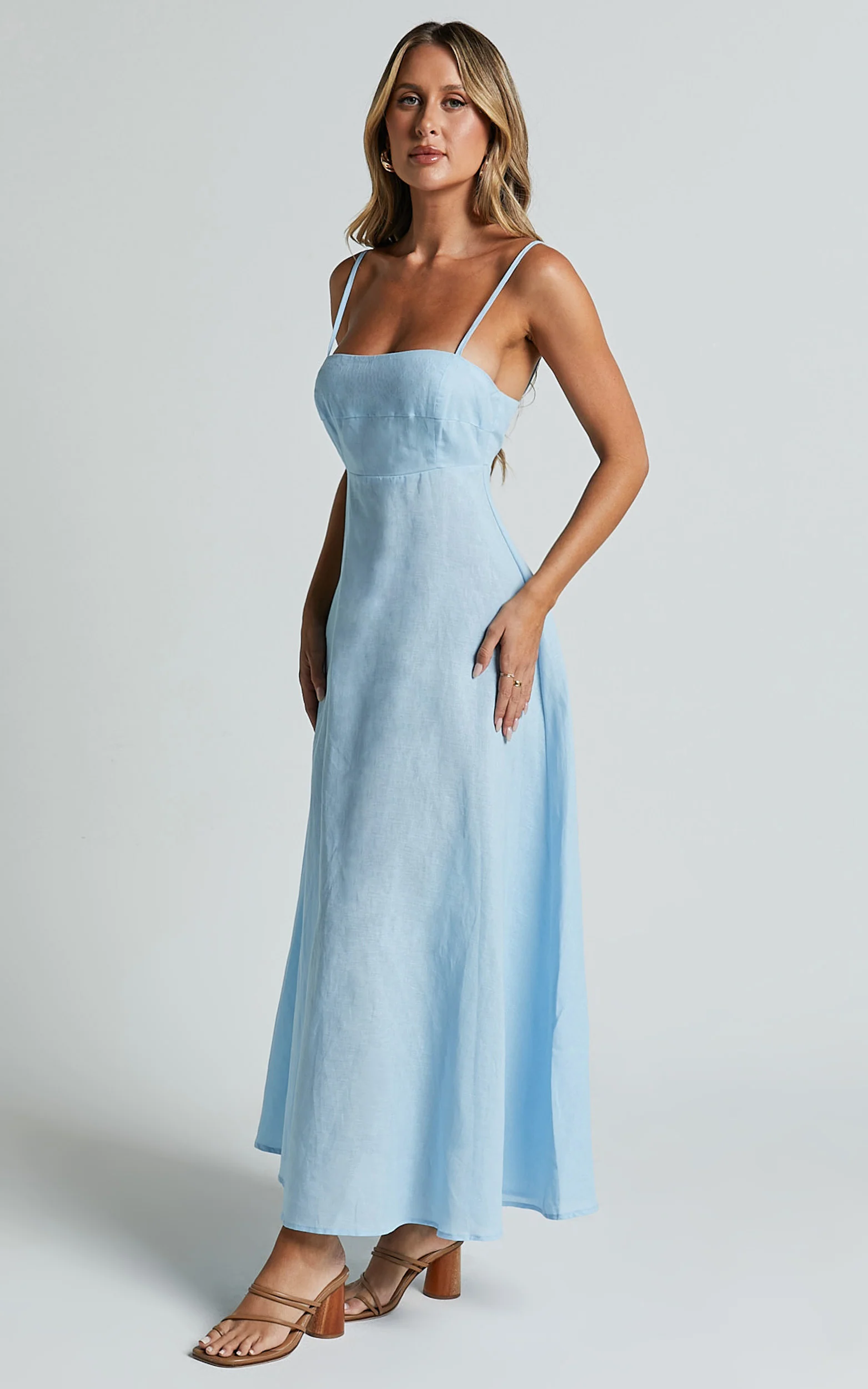 Brette Midi Dress - Linen Straight Neck Strappy Fit And Flare Dress in Blue - Image 5