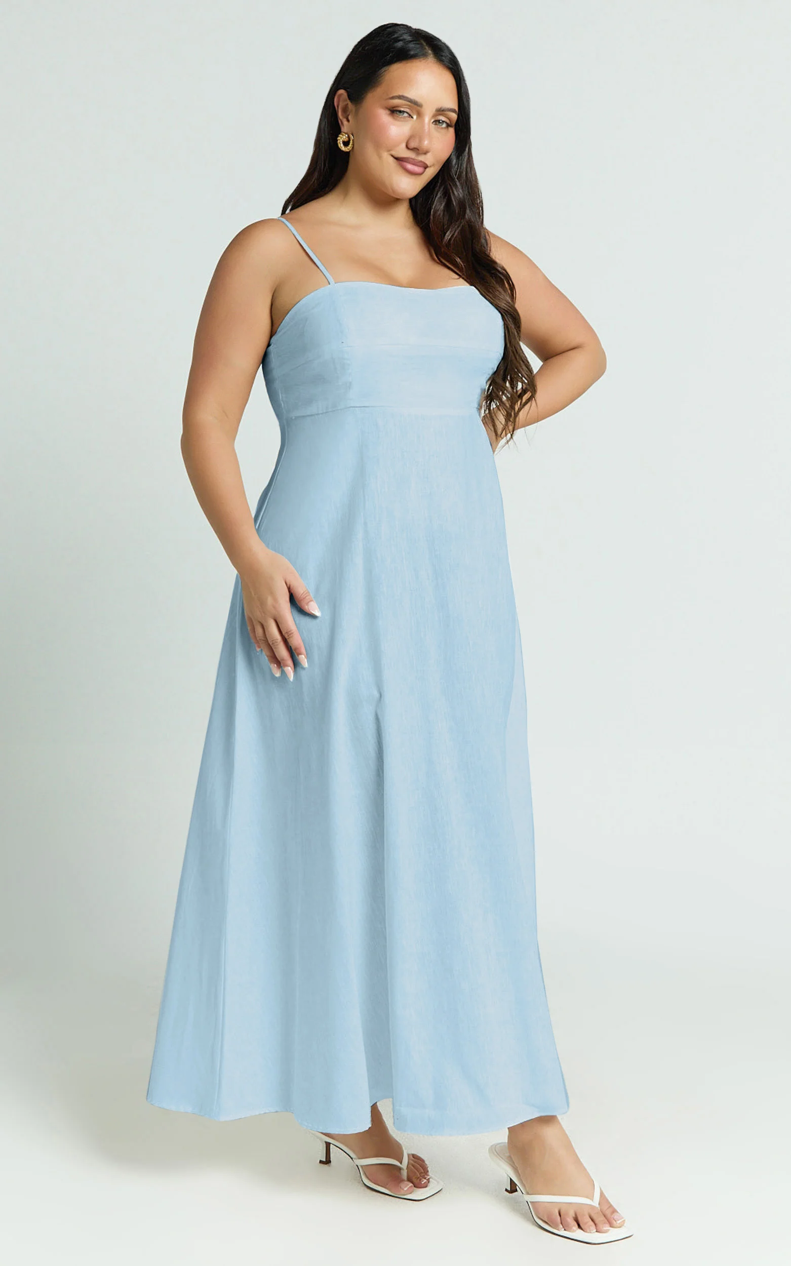 Brette Midi Dress - Linen Straight Neck Strappy Fit And Flare Dress in Blue - Image 6