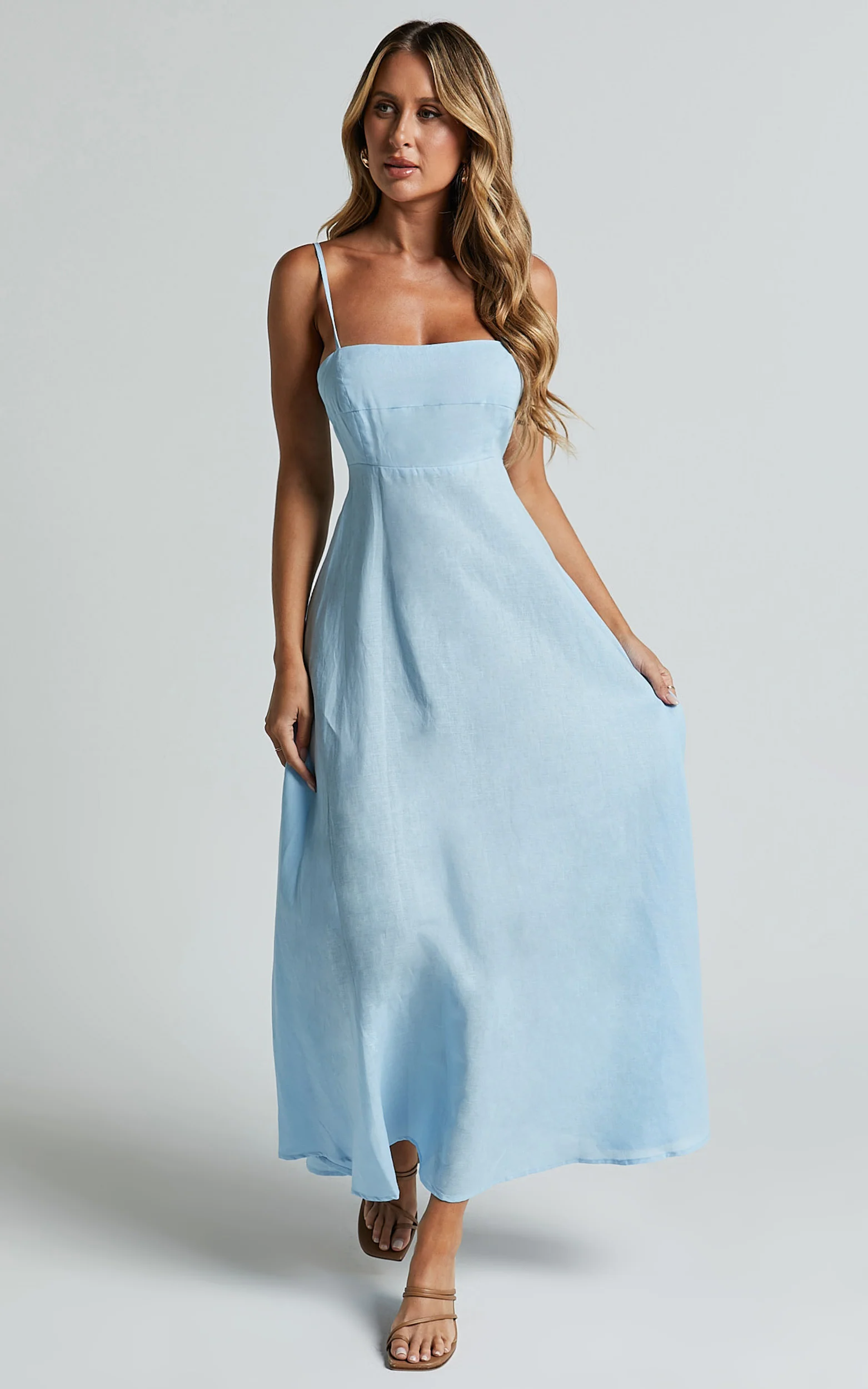 Brette Midi Dress - Linen Straight Neck Strappy Fit And Flare Dress in Blue - Image 7