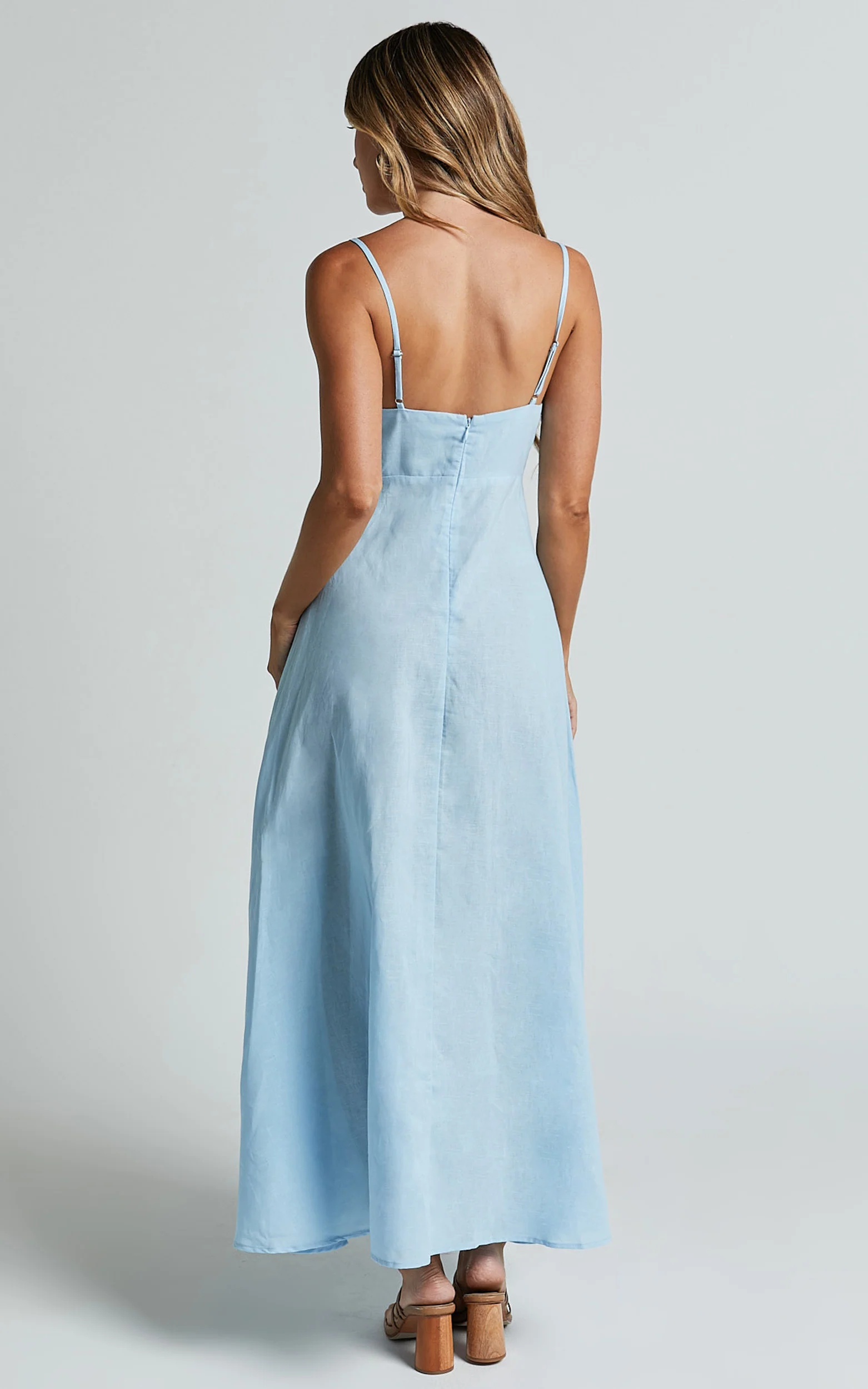 Brette Midi Dress - Linen Straight Neck Strappy Fit And Flare Dress in Blue - Image 8