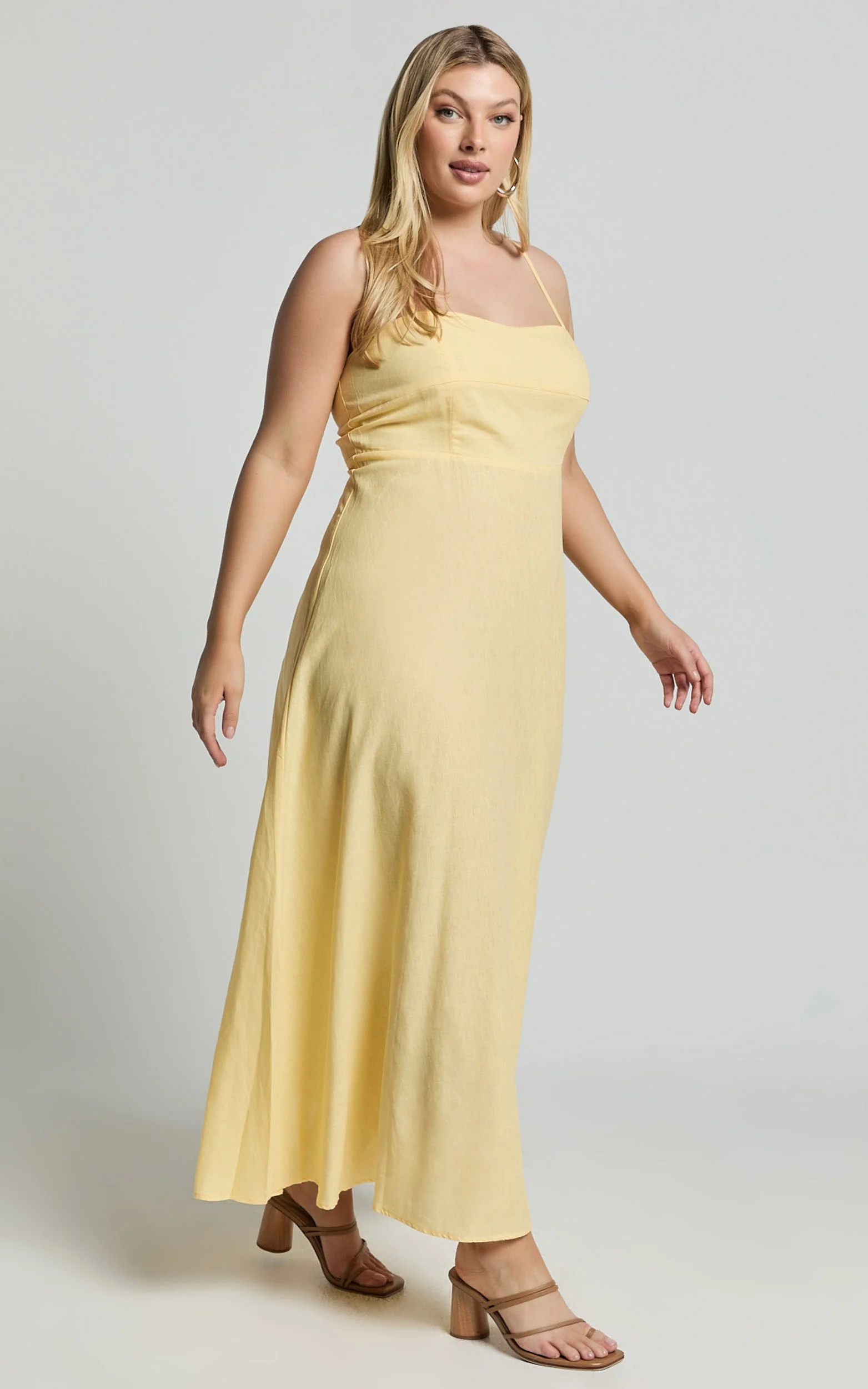 Brette Midi Dress - Linen Straight Neck Strappy Fit And Flare Dress in Lemon - Image 4