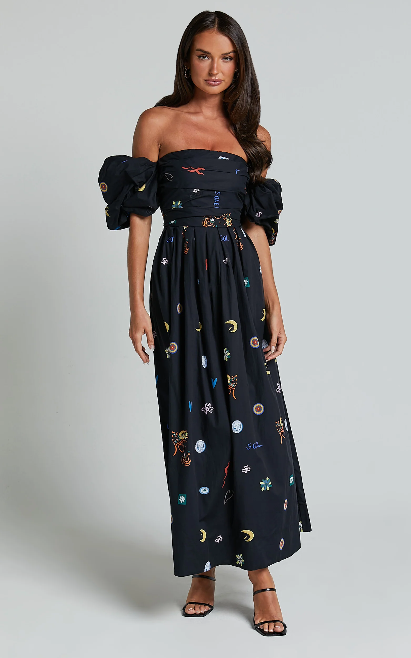 Brianna Midi Dress - Off Shoulder Dress in Black Print - Image 3