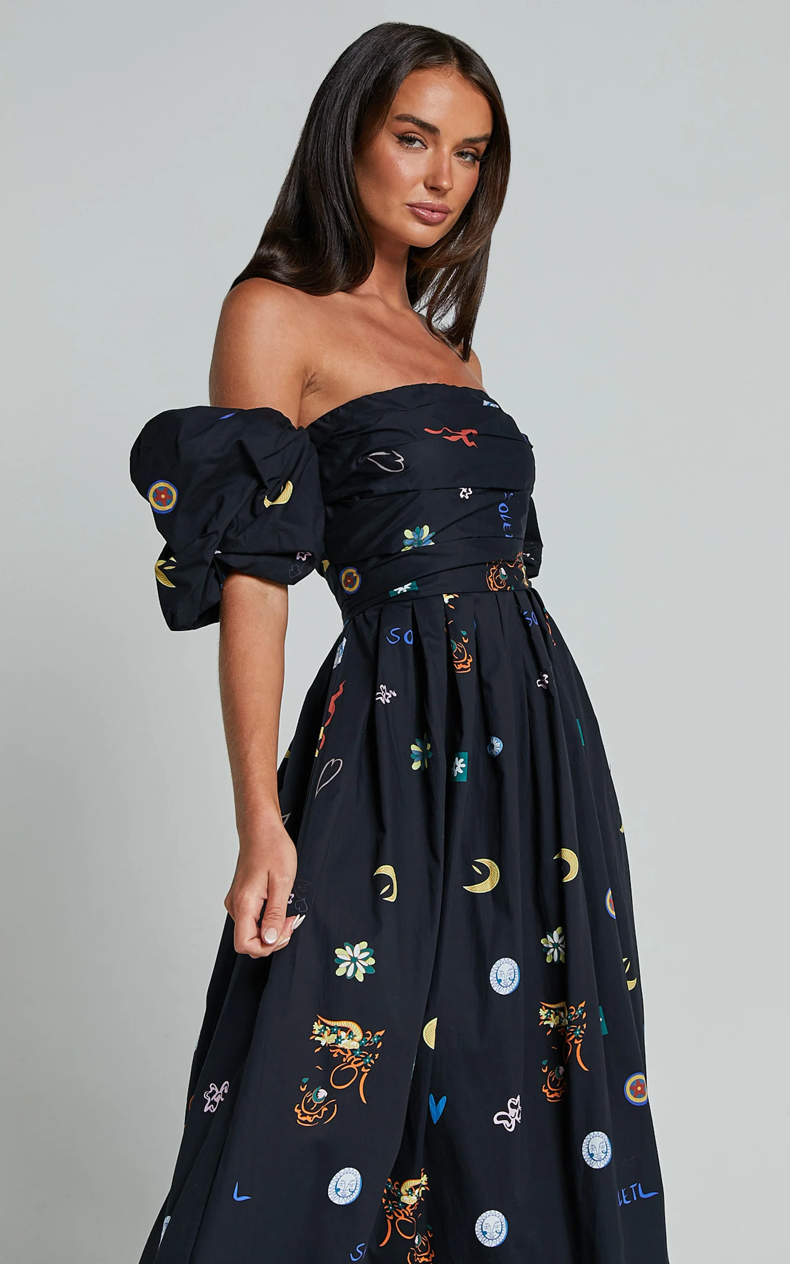 Brianna Midi Dress - Off Shoulder Dress in Black Print - Image 4