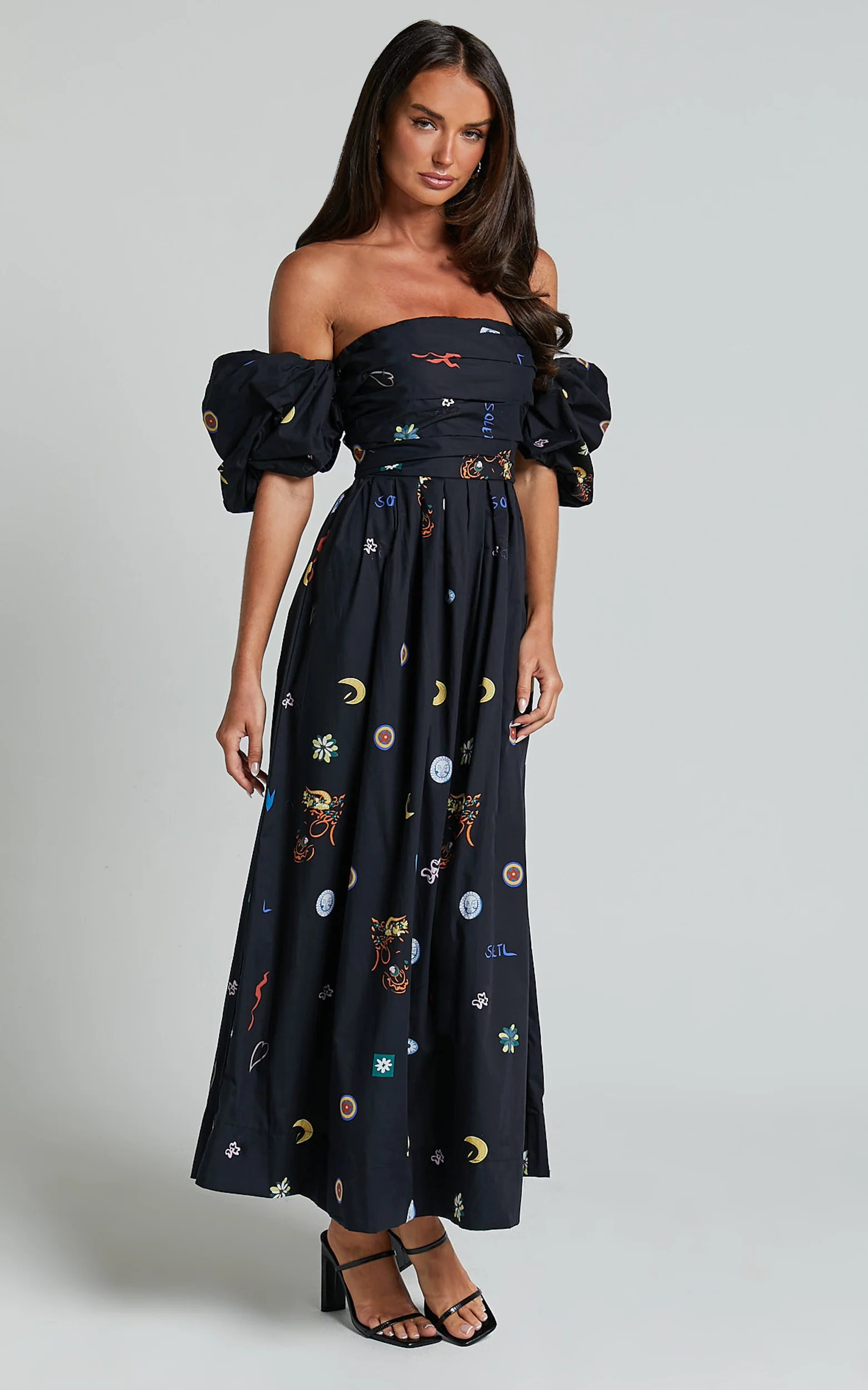 Brianna Midi Dress - Off Shoulder Dress in Black Print - Image 5