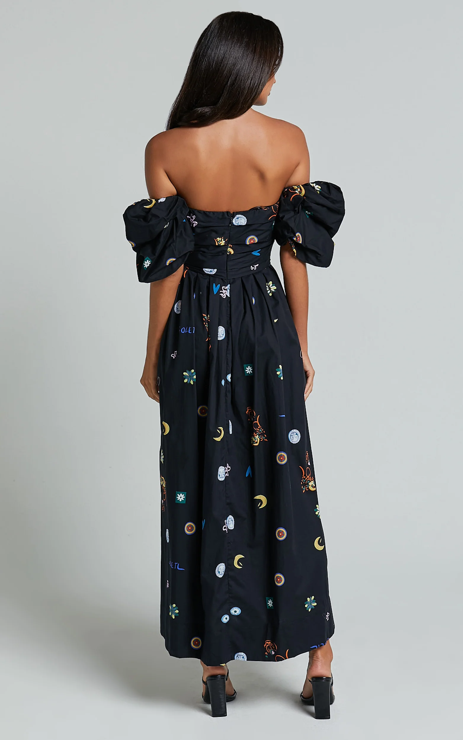 Brianna Midi Dress - Off Shoulder Dress in Black Print - Image 6
