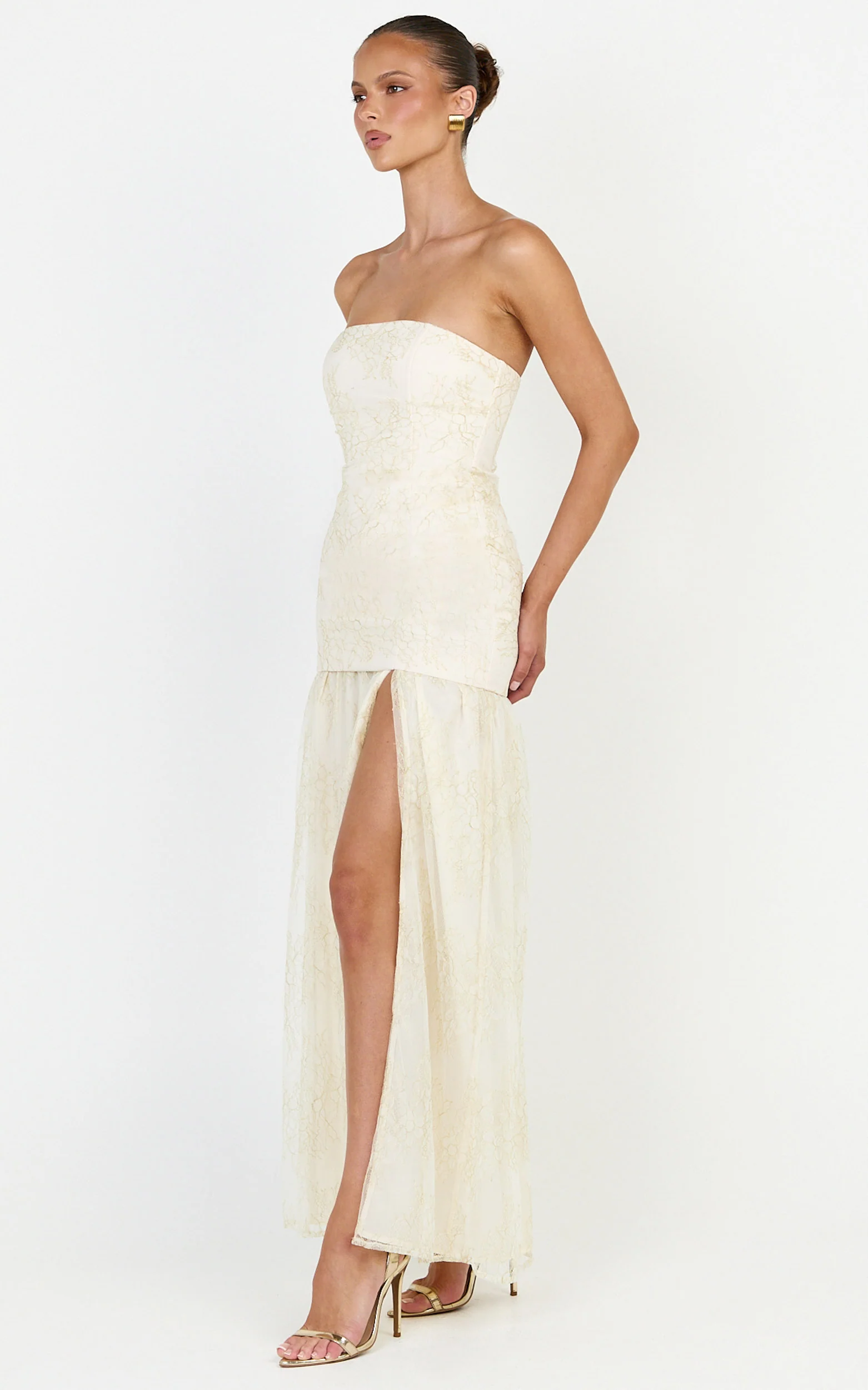 Brielle Maxi Dress - Strapless Gathered Fit & Flare Lace Dress in Champagne - Image 2