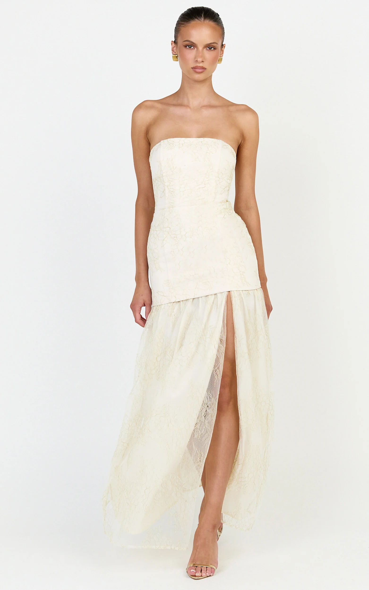 Brielle Maxi Dress - Strapless Gathered Fit & Flare Lace Dress in Champagne - Image 3