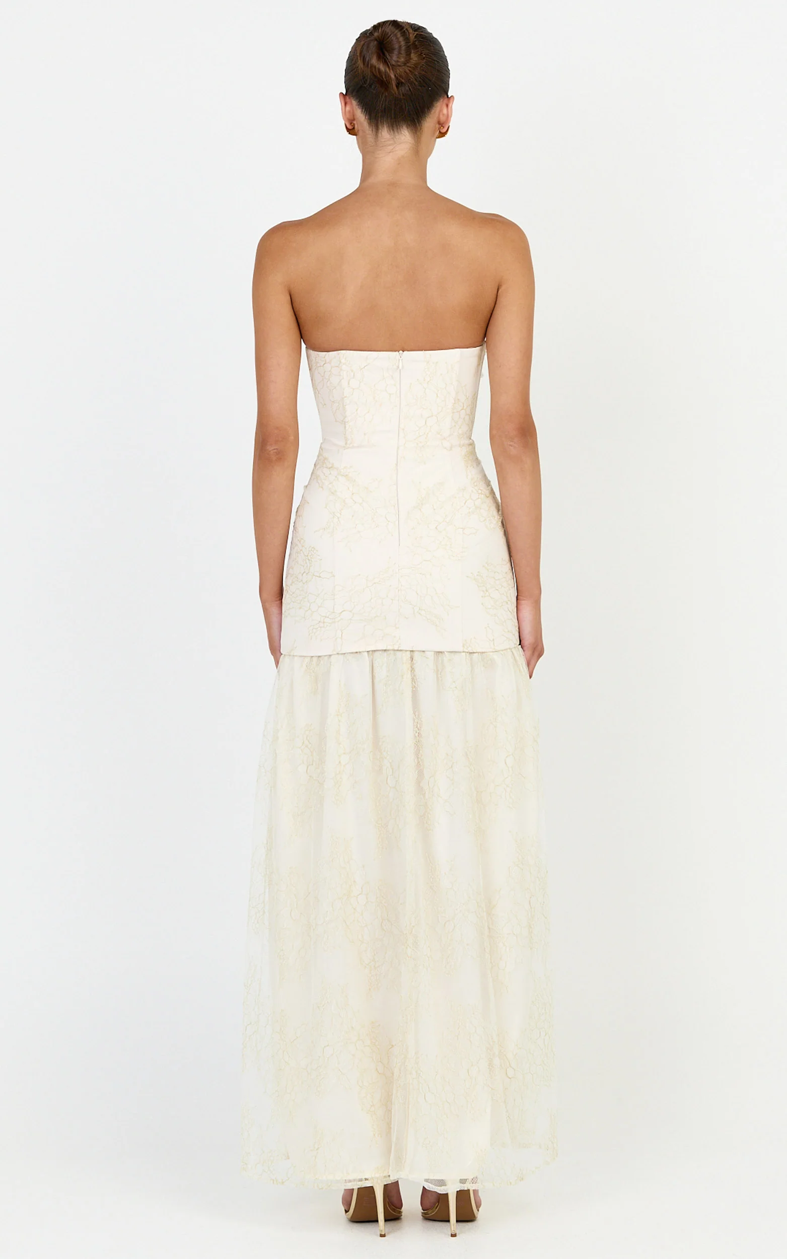 Brielle Maxi Dress - Strapless Gathered Fit & Flare Lace Dress in Champagne - Image 5
