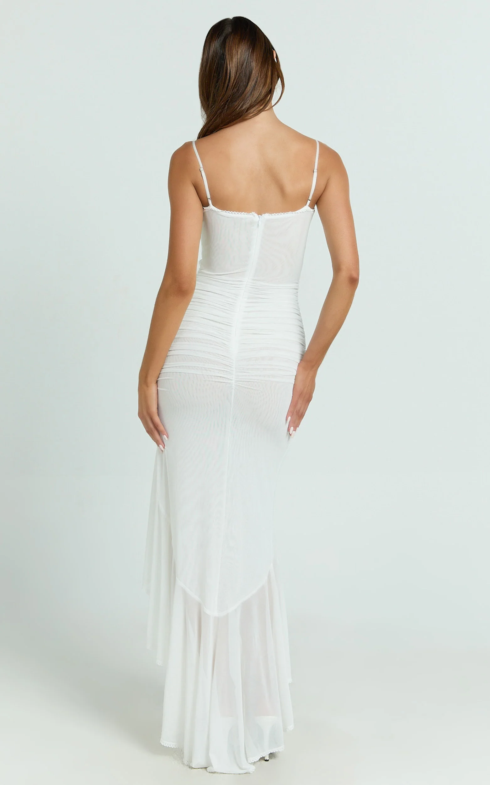 Brionna Maxi Dress - Lace Neck Ruched Ruffle Hem Dress in White - Image 6