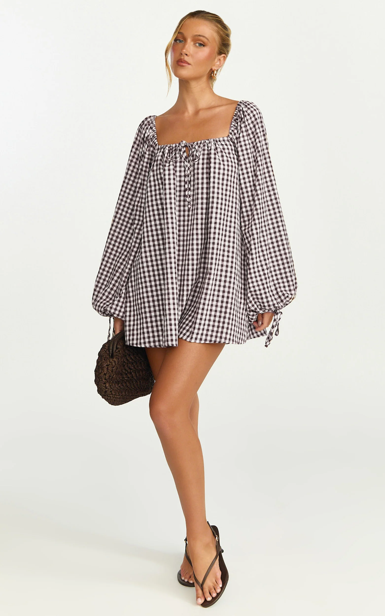 Brixton Mini Dress - Square Neck Smock Dress in Chocolate - Image 3