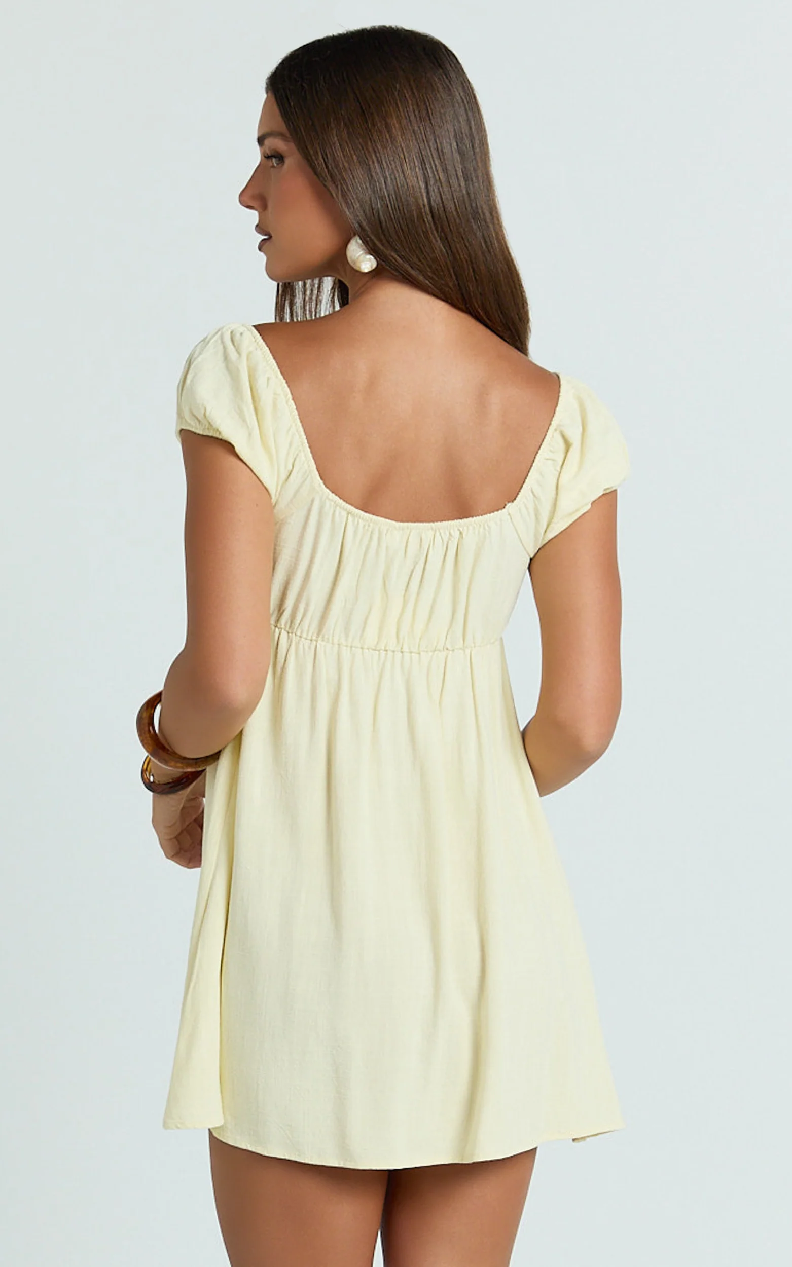 Brooks Mini Dress - Puff Sleeve Front Tie Babydoll Dress in Lemon - Image 6