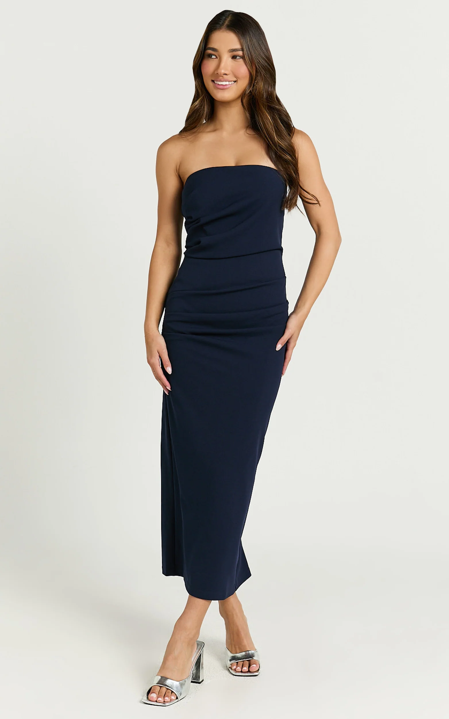 Calanthe Midi Dress - Strapless Tuck Detail Dress in Navy - Image 3