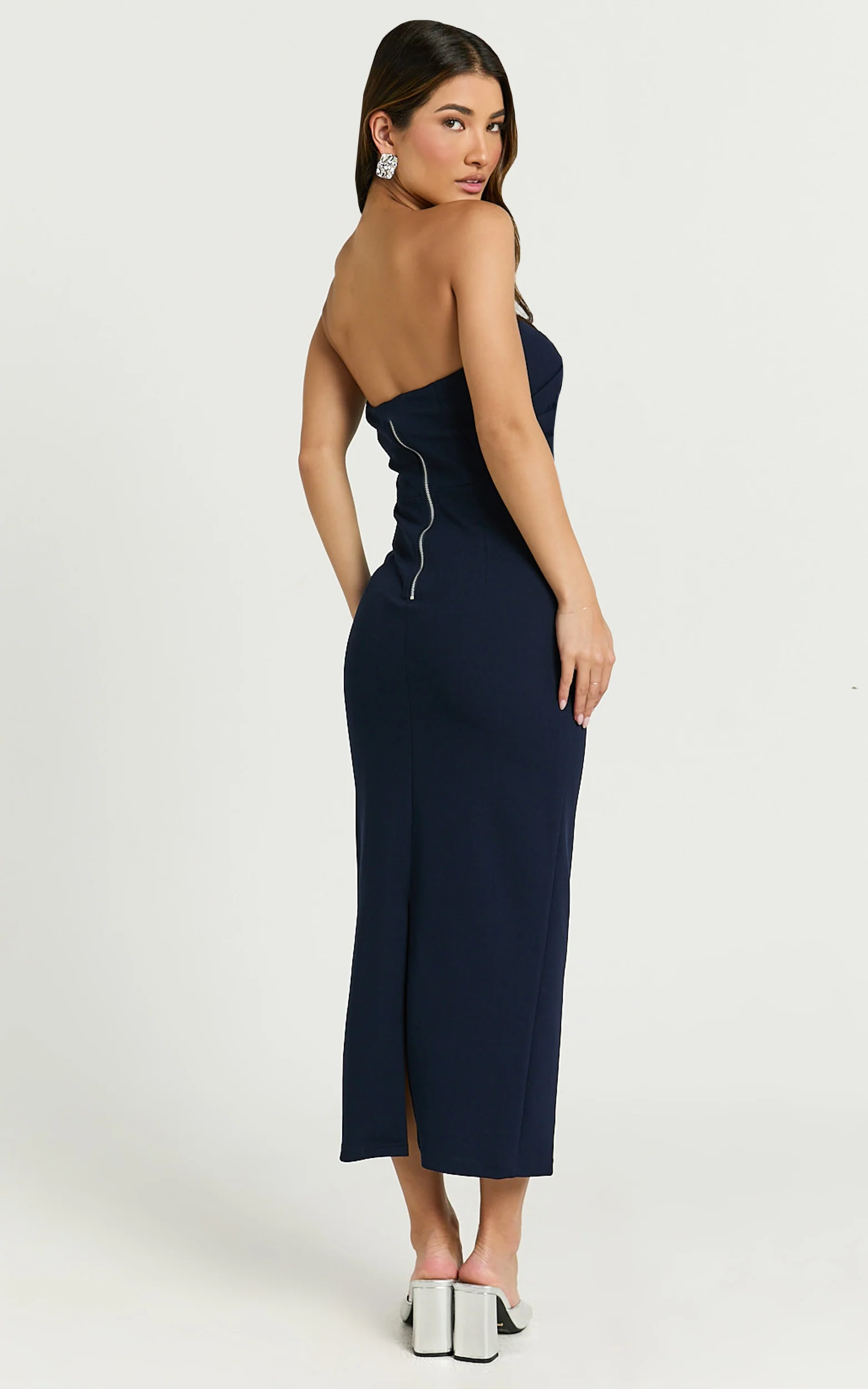 Calanthe Midi Dress - Strapless Tuck Detail Dress in Navy - Image 6