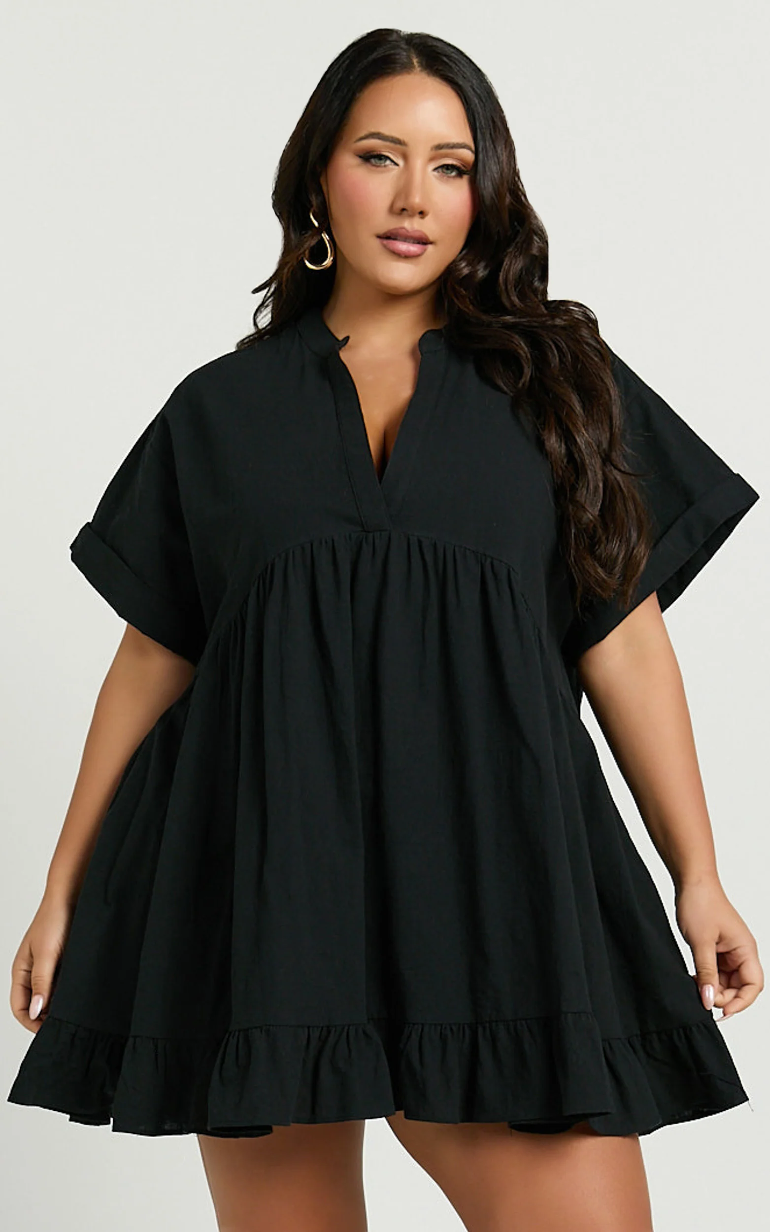 Calissa Mini Dress - Frill Hem Smock Dress in Black - Image 2