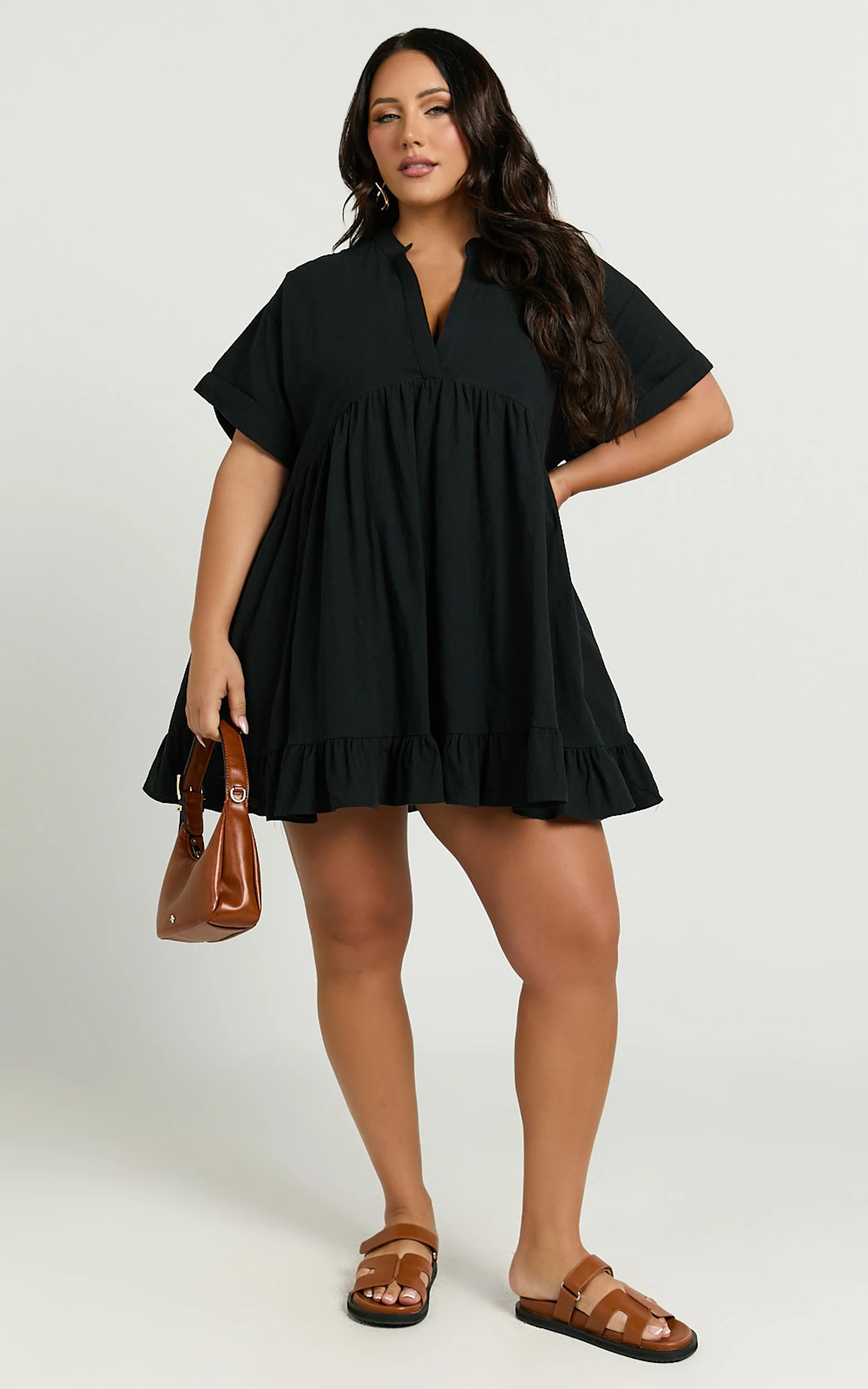 Calissa Mini Dress - Frill Hem Smock Dress in Black - Image 4