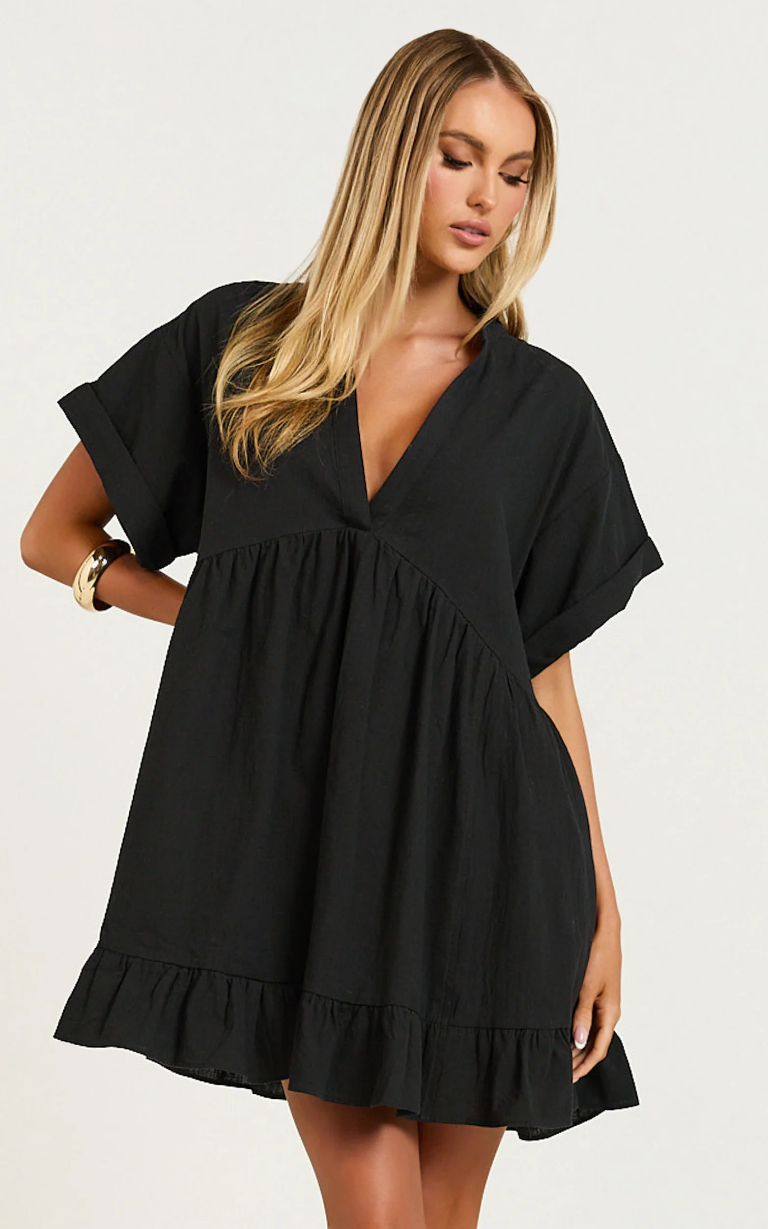 Calissa Mini Dress - Frill Hem Smock Dress in Black - Image 5