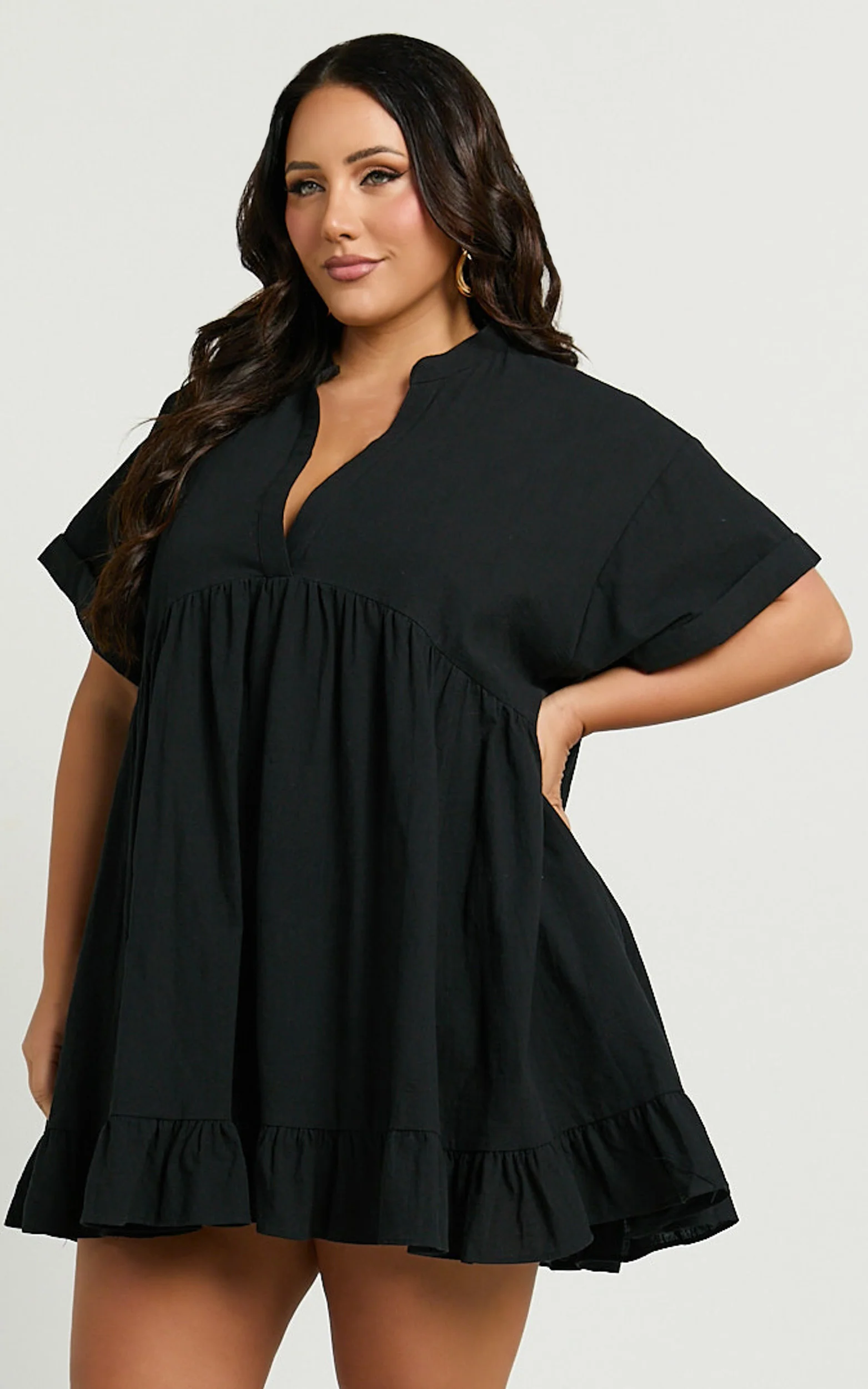 Calissa Mini Dress - Frill Hem Smock Dress in Black - Image 6