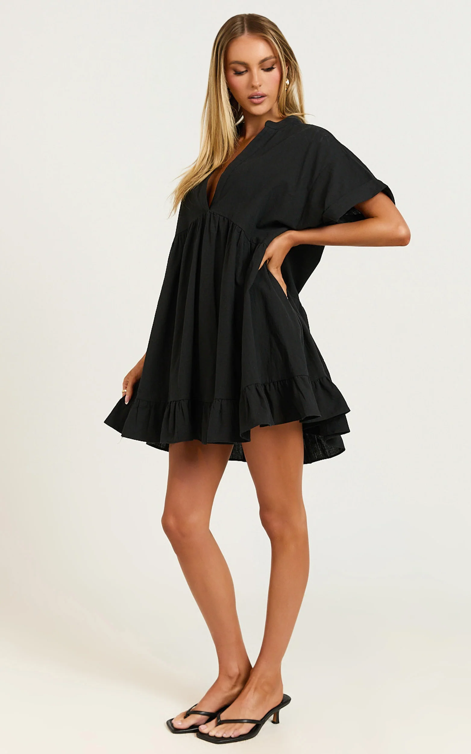 Calissa Mini Dress - Frill Hem Smock Dress in Black - Image 7