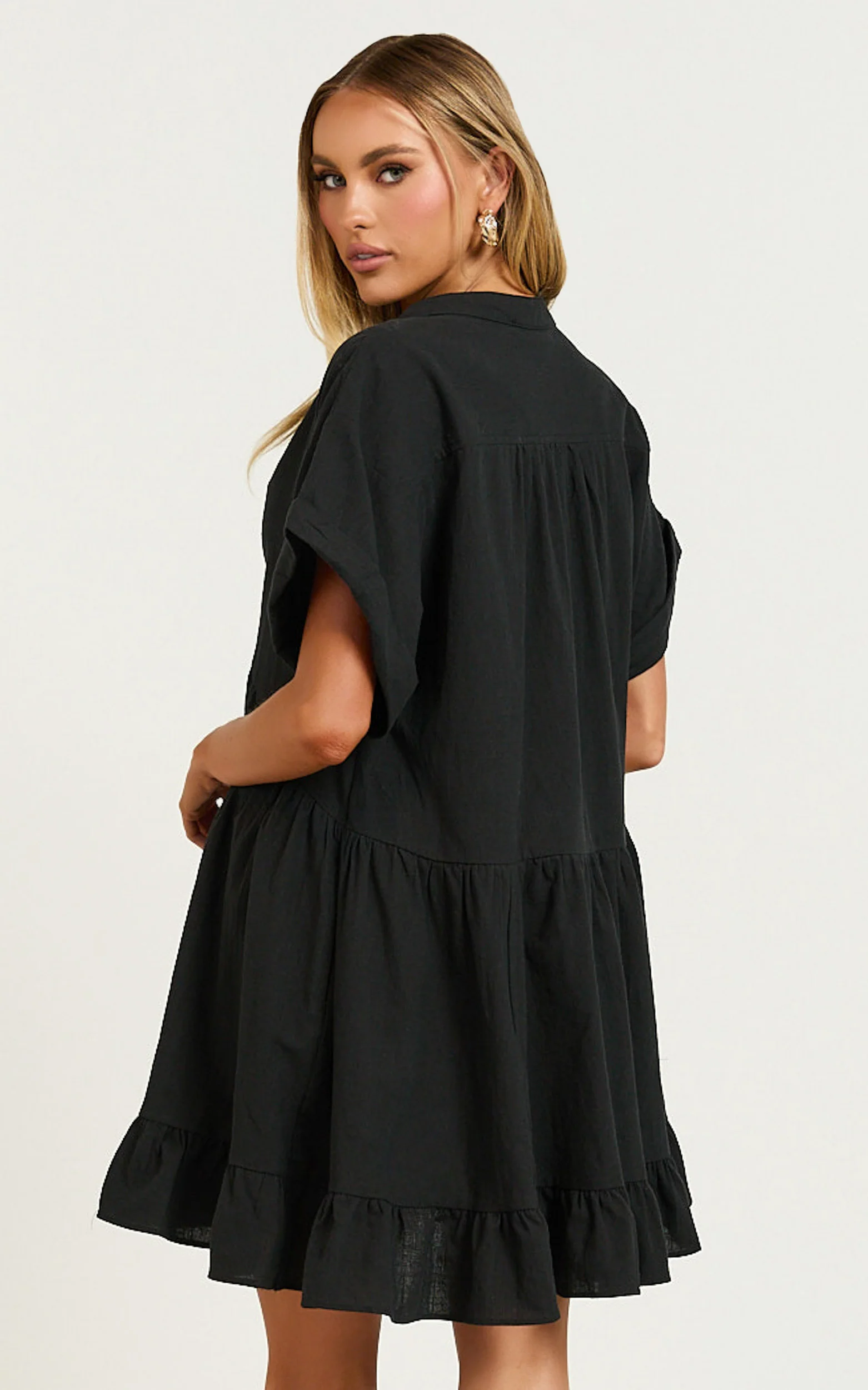 Calissa Mini Dress - Frill Hem Smock Dress in Black - Image 8