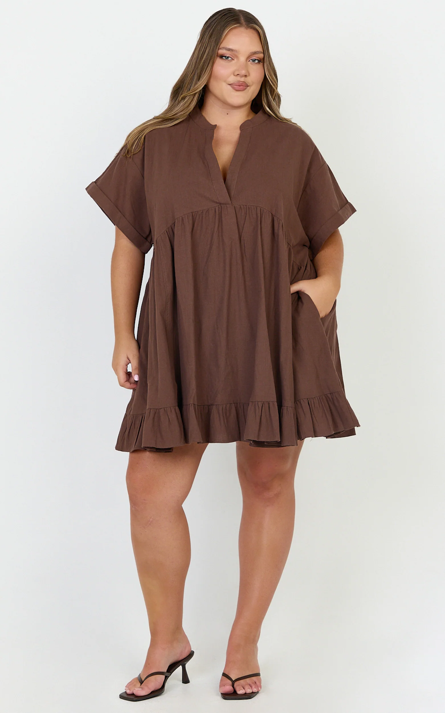 Calissa Mini Dress - Frill Hem Smock Dress in Chocolate - Image 4