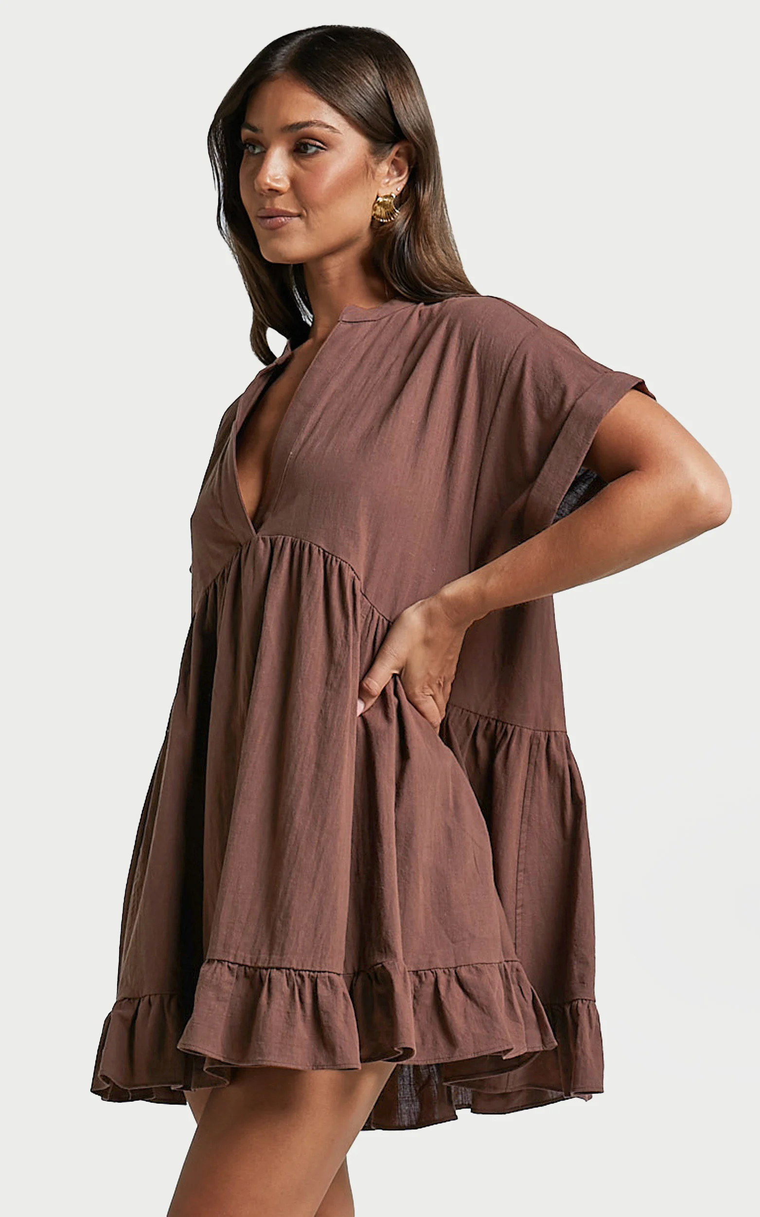Calissa Mini Dress - Frill Hem Smock Dress in Chocolate - Image 5
