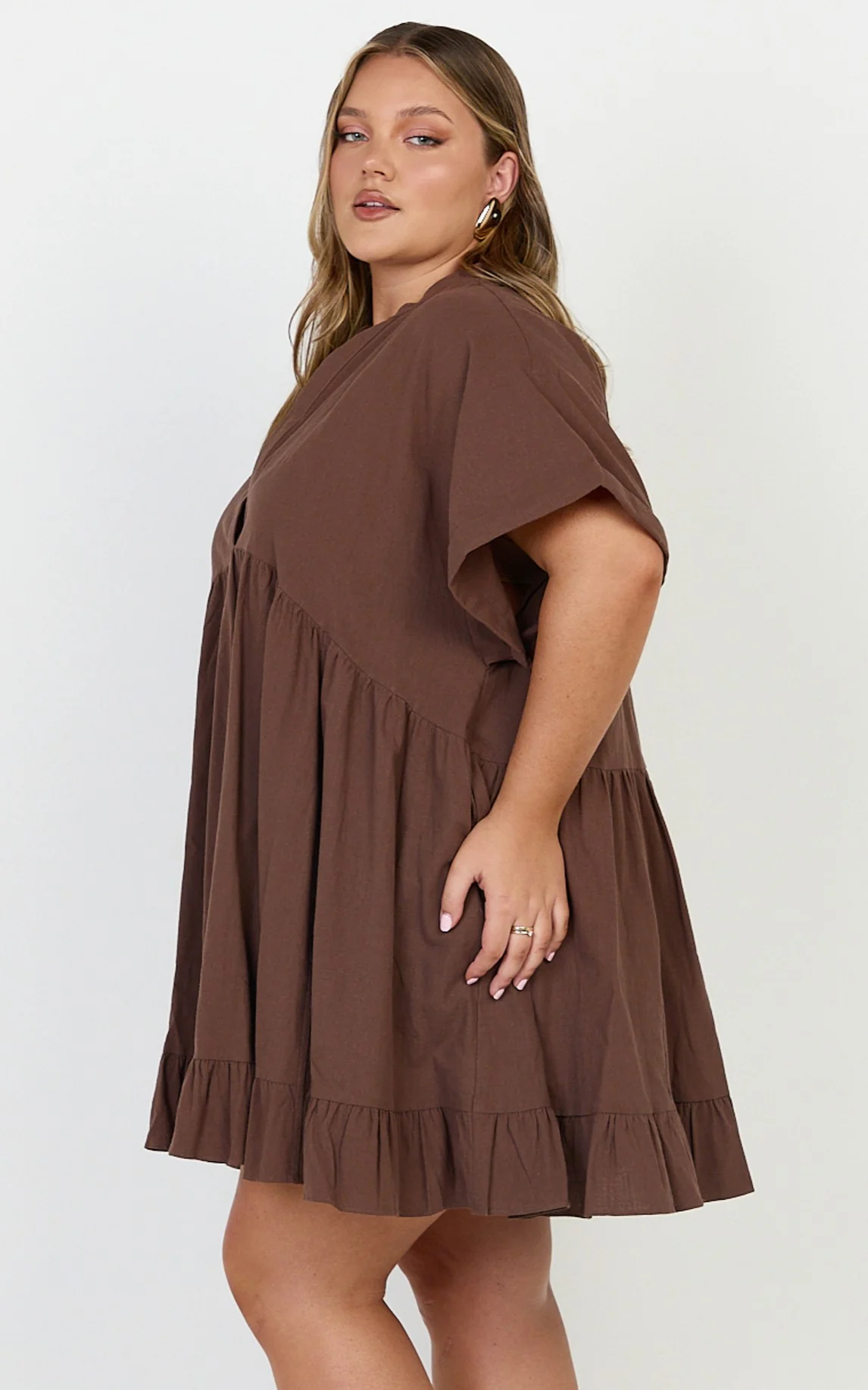 Calissa Mini Dress - Frill Hem Smock Dress in Chocolate - Image 6