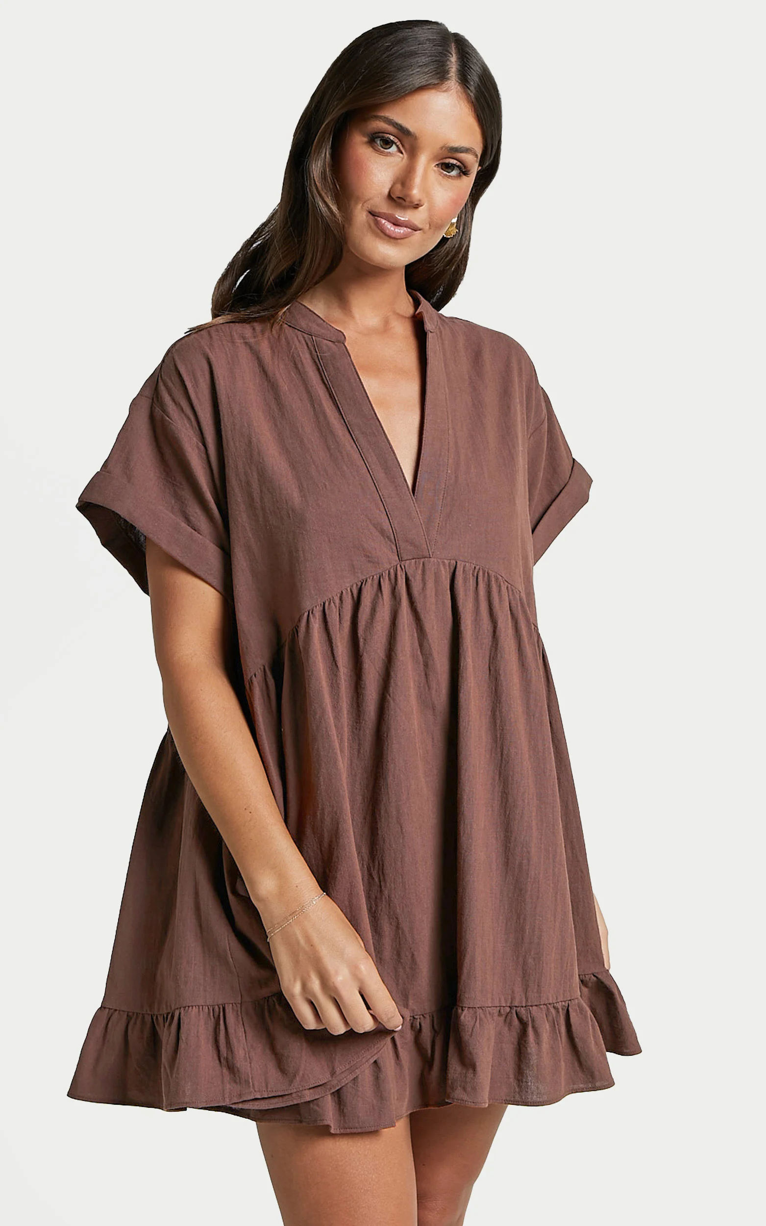 Calissa Mini Dress - Frill Hem Smock Dress in Chocolate - Image 7