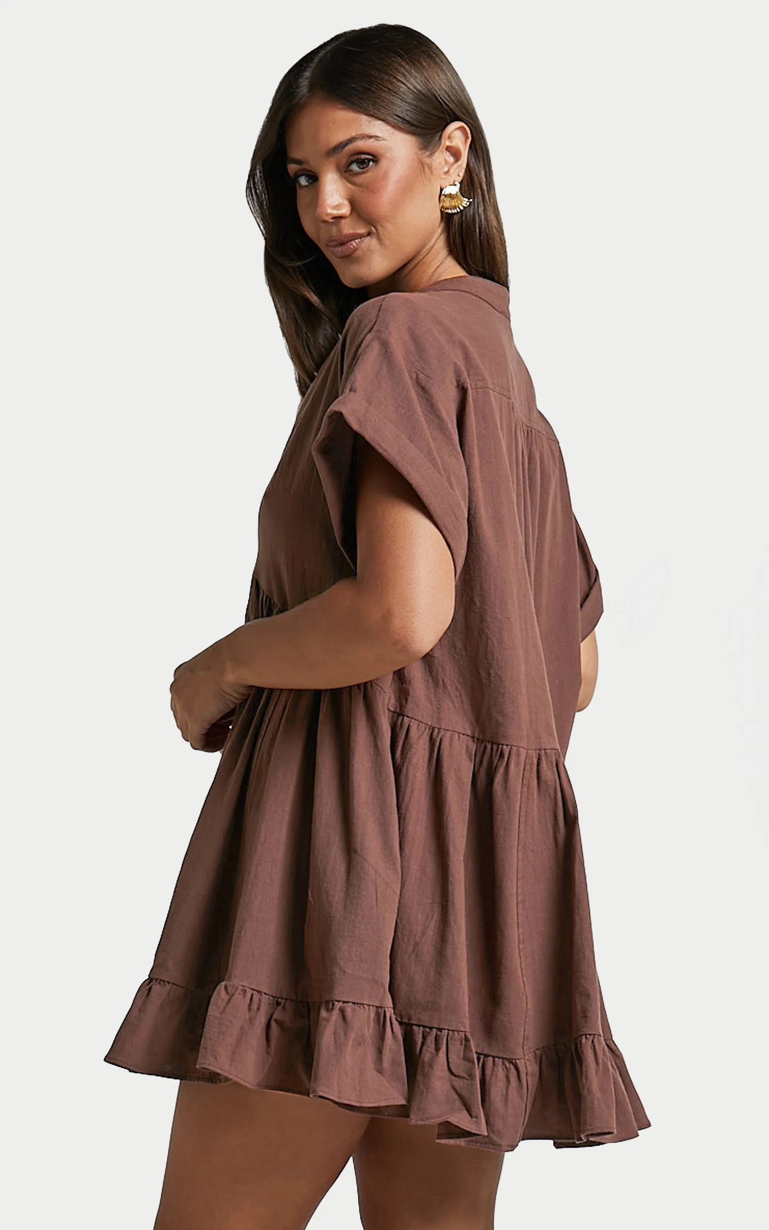 Calissa Mini Dress - Frill Hem Smock Dress in Chocolate - Image 8