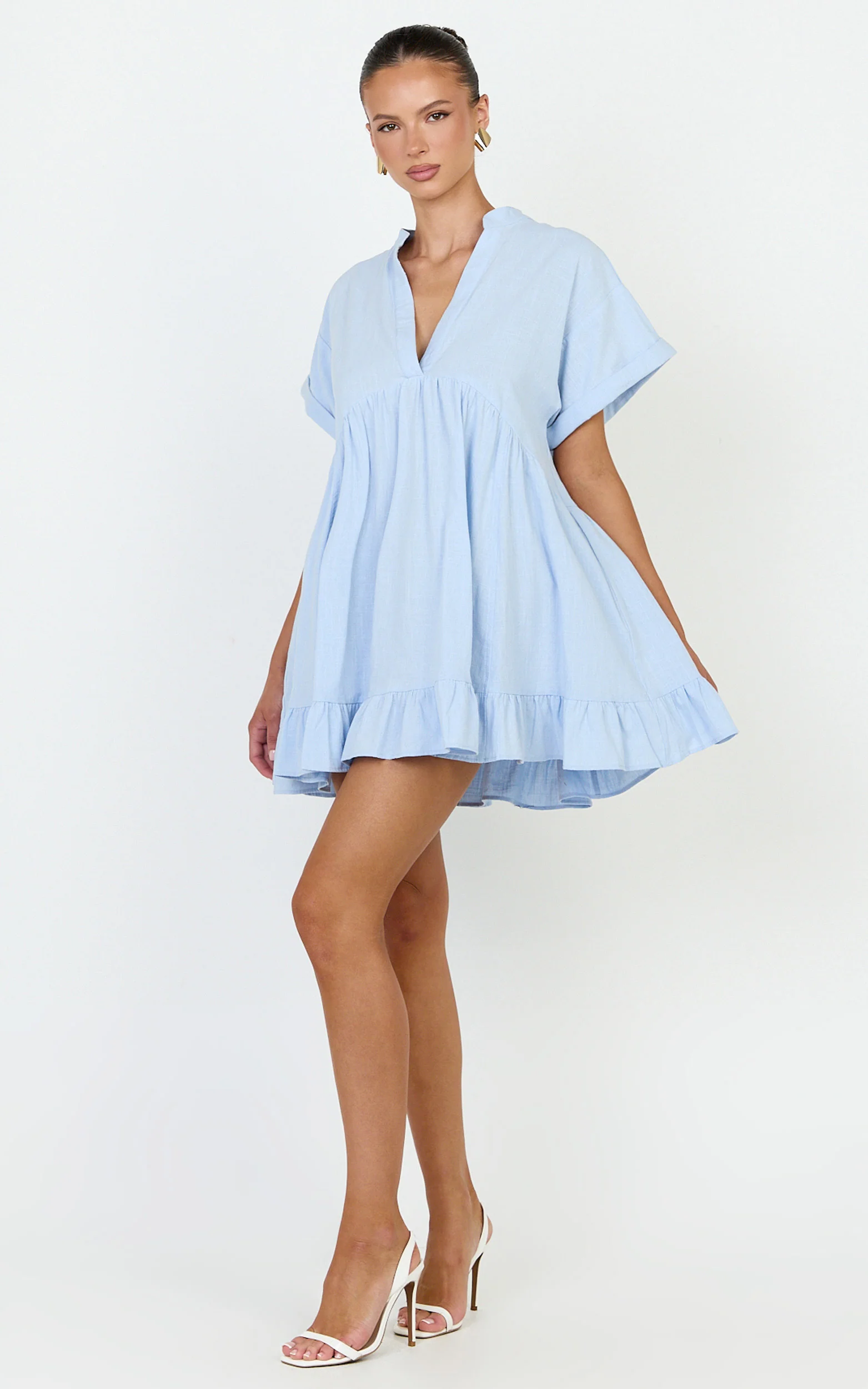 Calissa Mini Dress - Frill Hem Smock Dress in Light Blue - Image 4