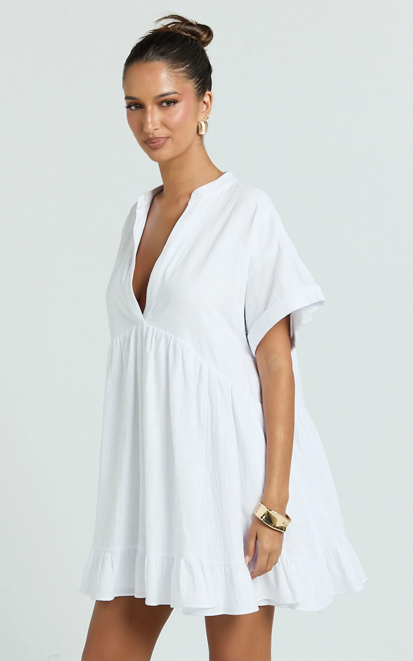 Calissa Mini Dress - Frill Hem Smock Dress in White - Image 4
