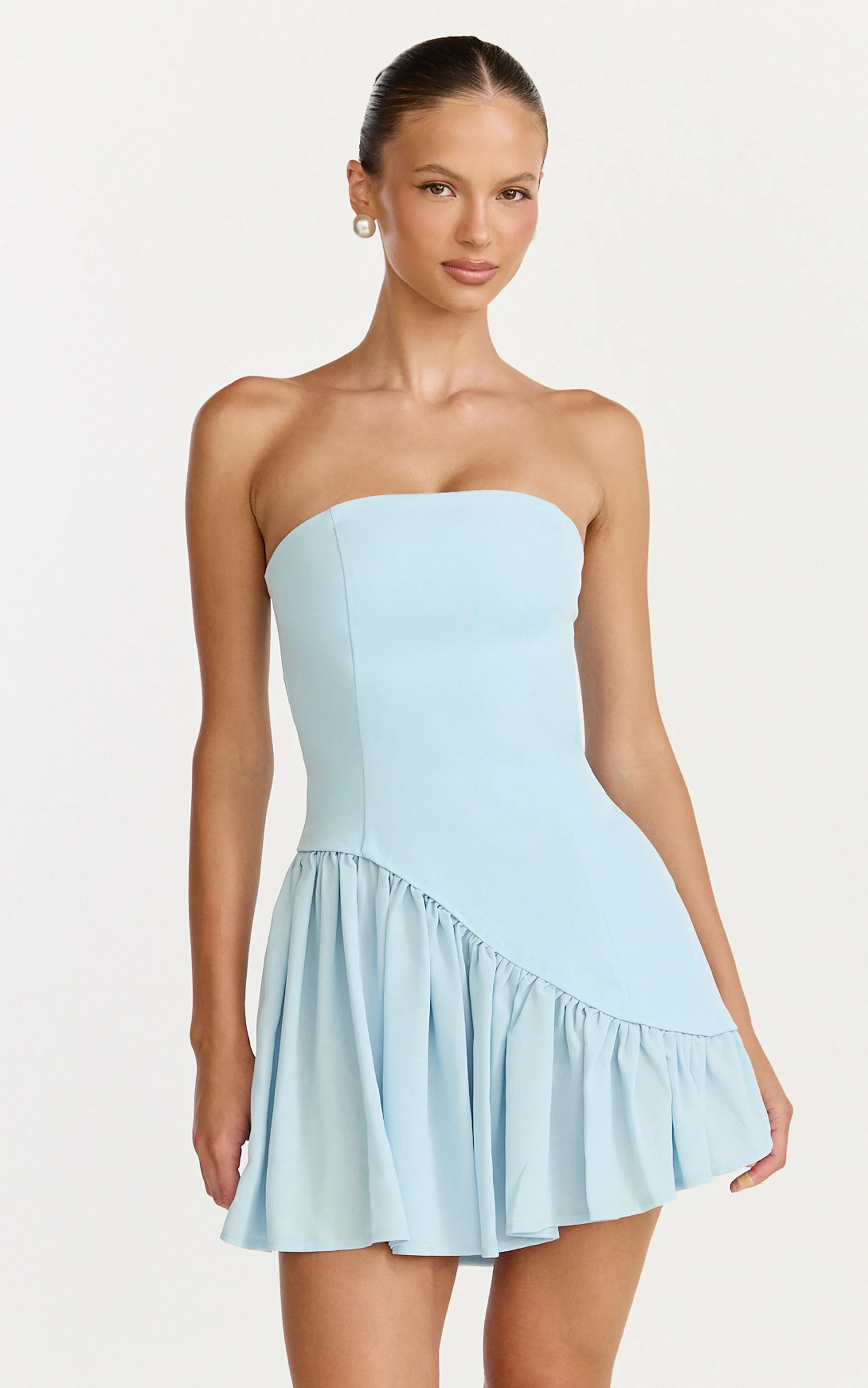 Calla Mini Dress - Strapless Gathered Asymmetric Dropped Waist Dress in Light Blue - Image 3