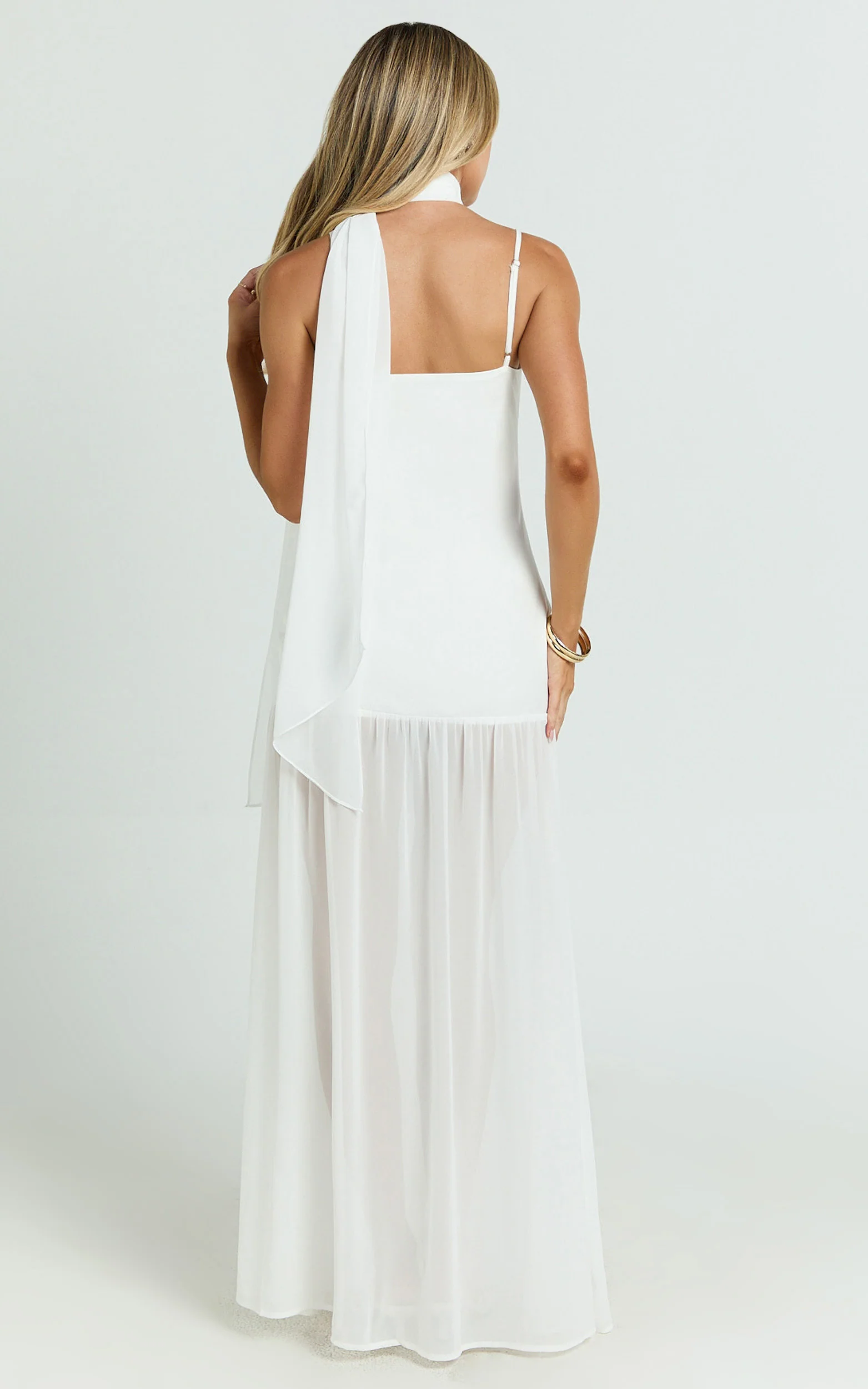 Calvin Maxi Dress - Linen Look Contrast Georgette Skirt with Neck Scarf in White - Image 11