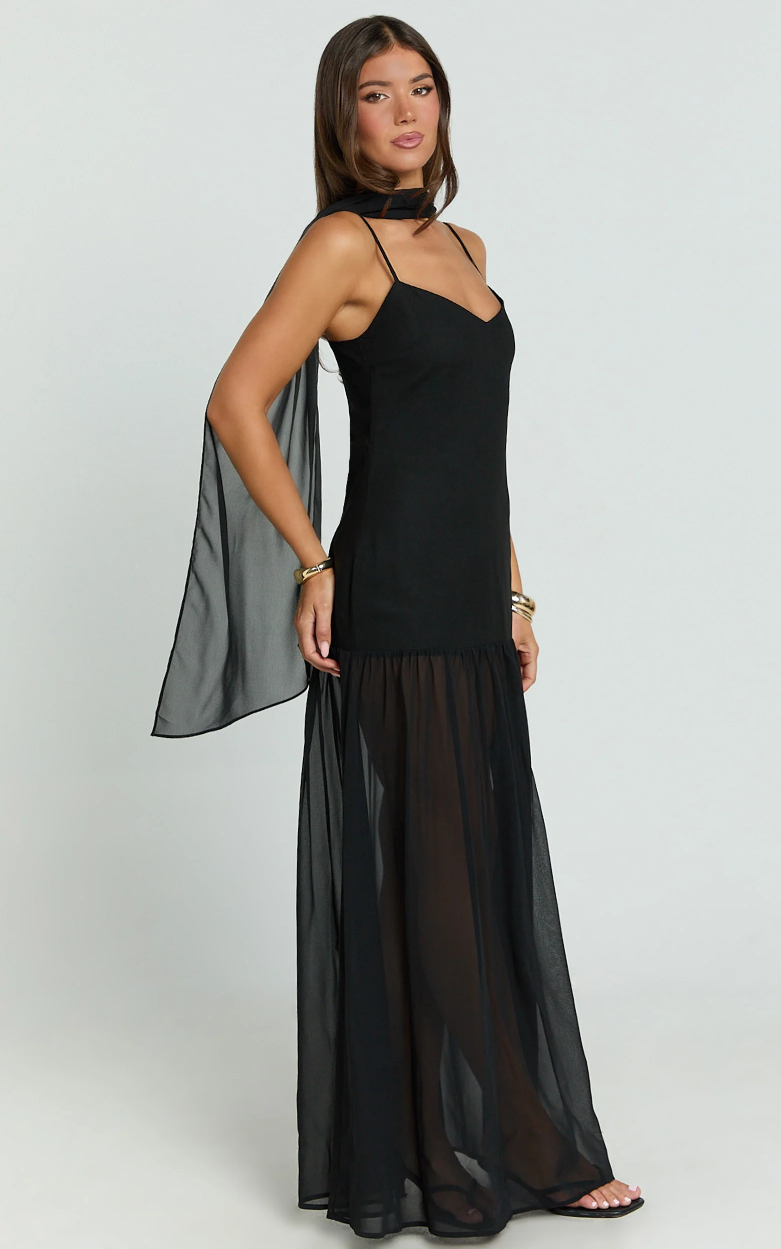 Calvin Maxi Dress - Linen Look Contrast Georgette Skirt with Neck Scarf in Black - Image 7