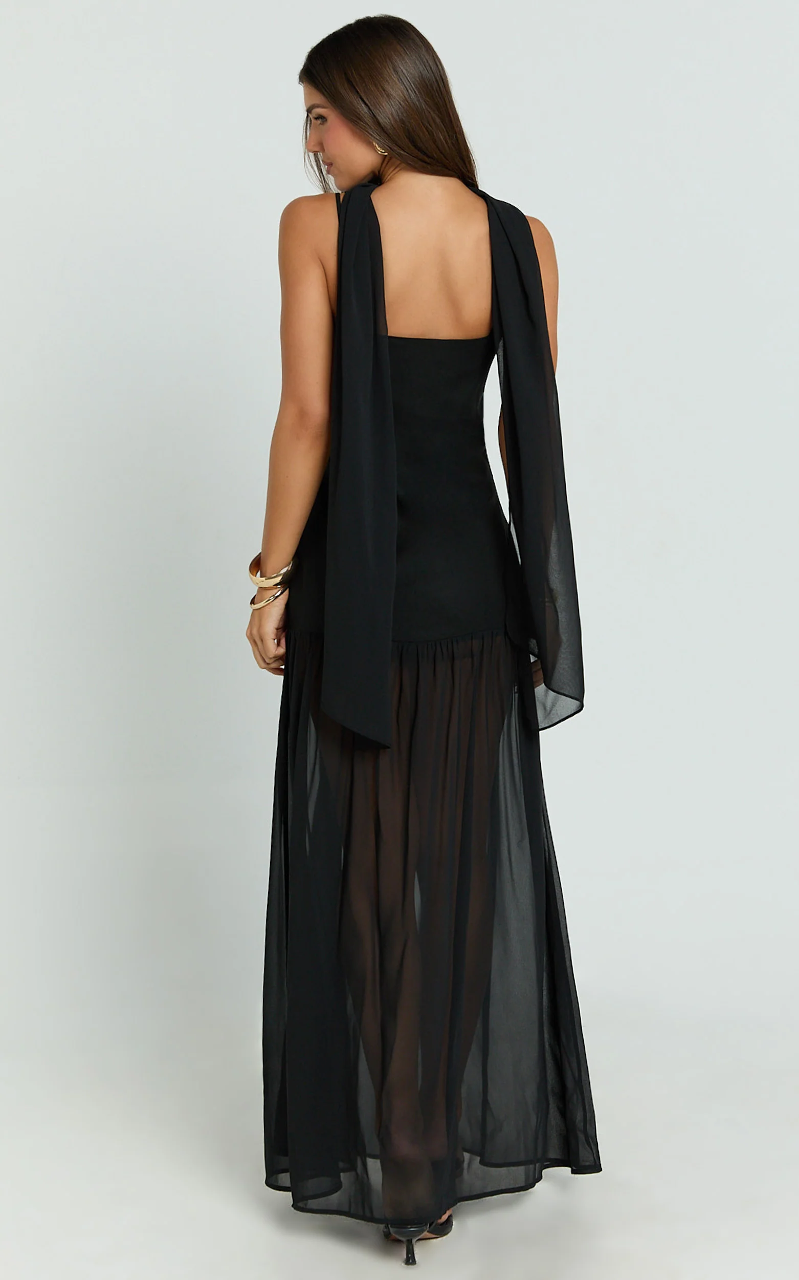 Calvin Maxi Dress - Linen Look Contrast Georgette Skirt with Neck Scarf in Black - Image 8