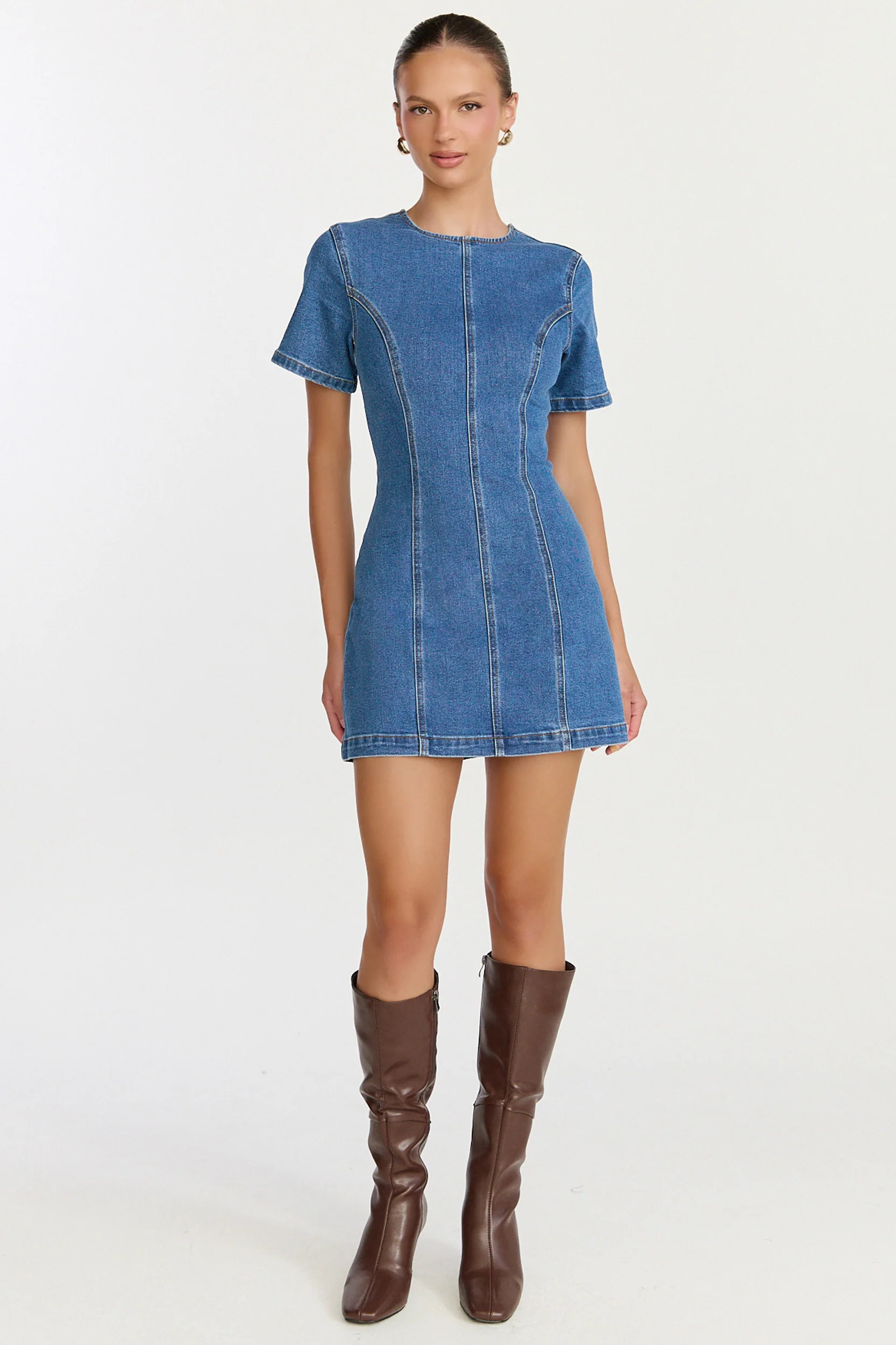Camellia Mini Dress - High Neck A Line Dress in Mid Blue Wash - Image 2