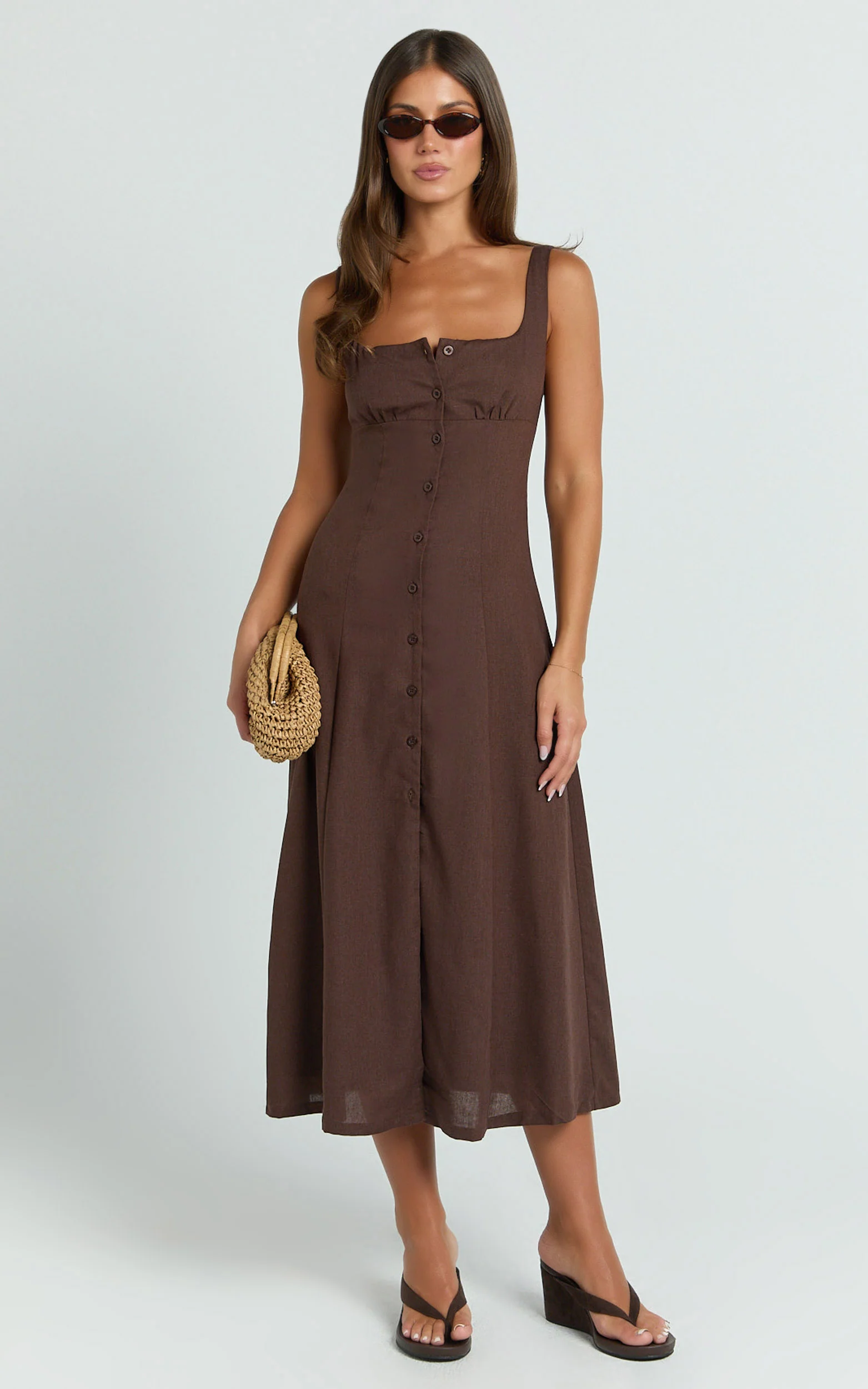Cameron Midi Dress - Button Front Tie Back Dress in Chocolate - Image 3