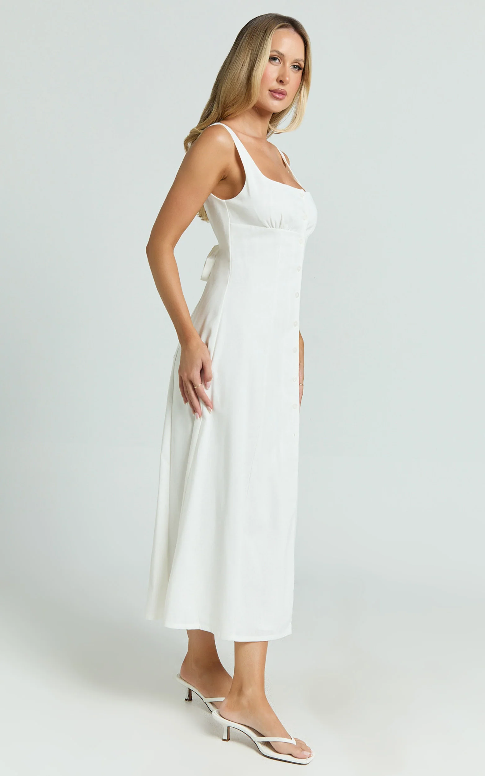 Cameron Midi Dress - Button Front Tie Back Dress in White - Image 3